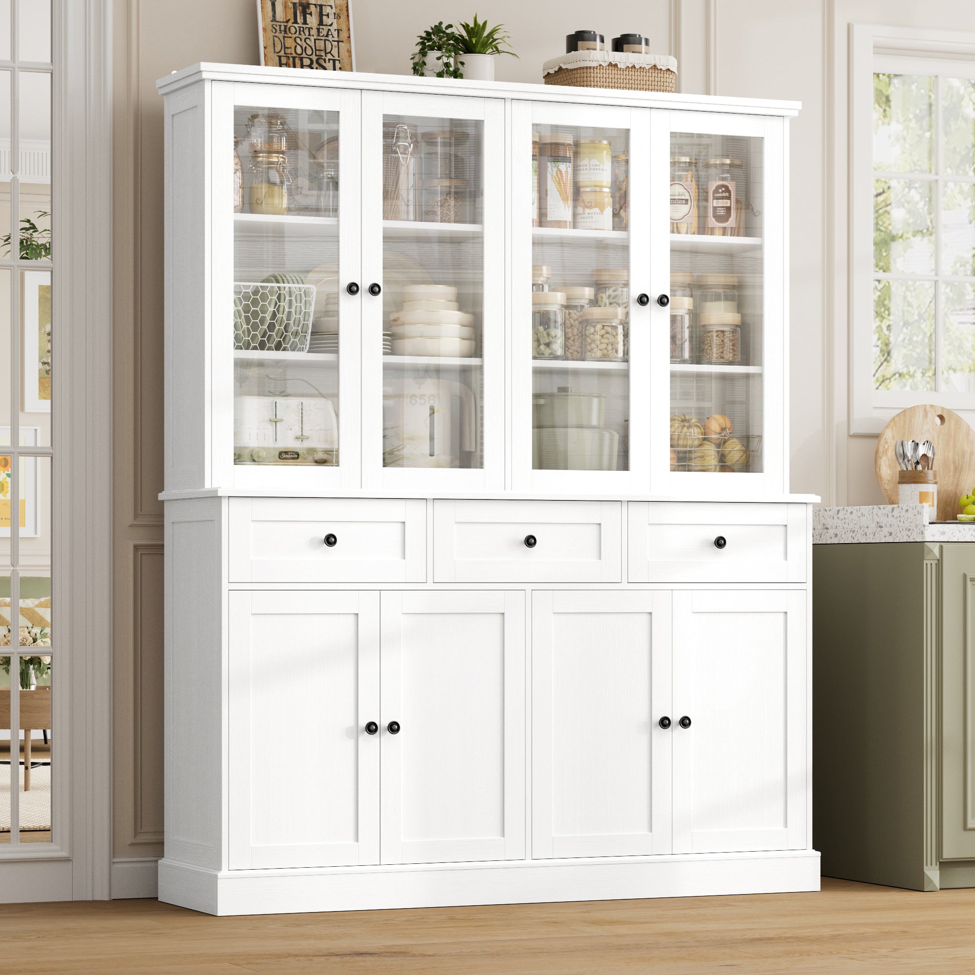 Hiphuta 58" Extened Wide Farmhouse Kitchen Pantry Storage Cabinet, 71”H Freestanding Hutch with 8 Doors and 3 Drawers for Kitchen, White