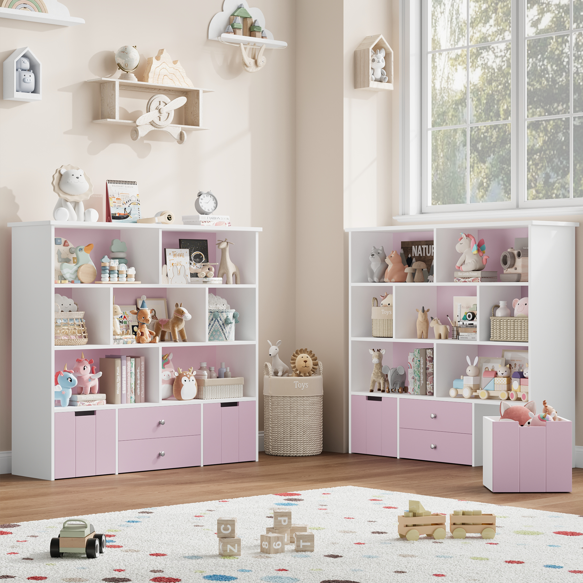 Hiphuta Kid's Toy Storage Organizer, Wood Toy Cabinet of 7 Cubes & 4 Drawers, Bookshelf for Kids Bedroom, Pink