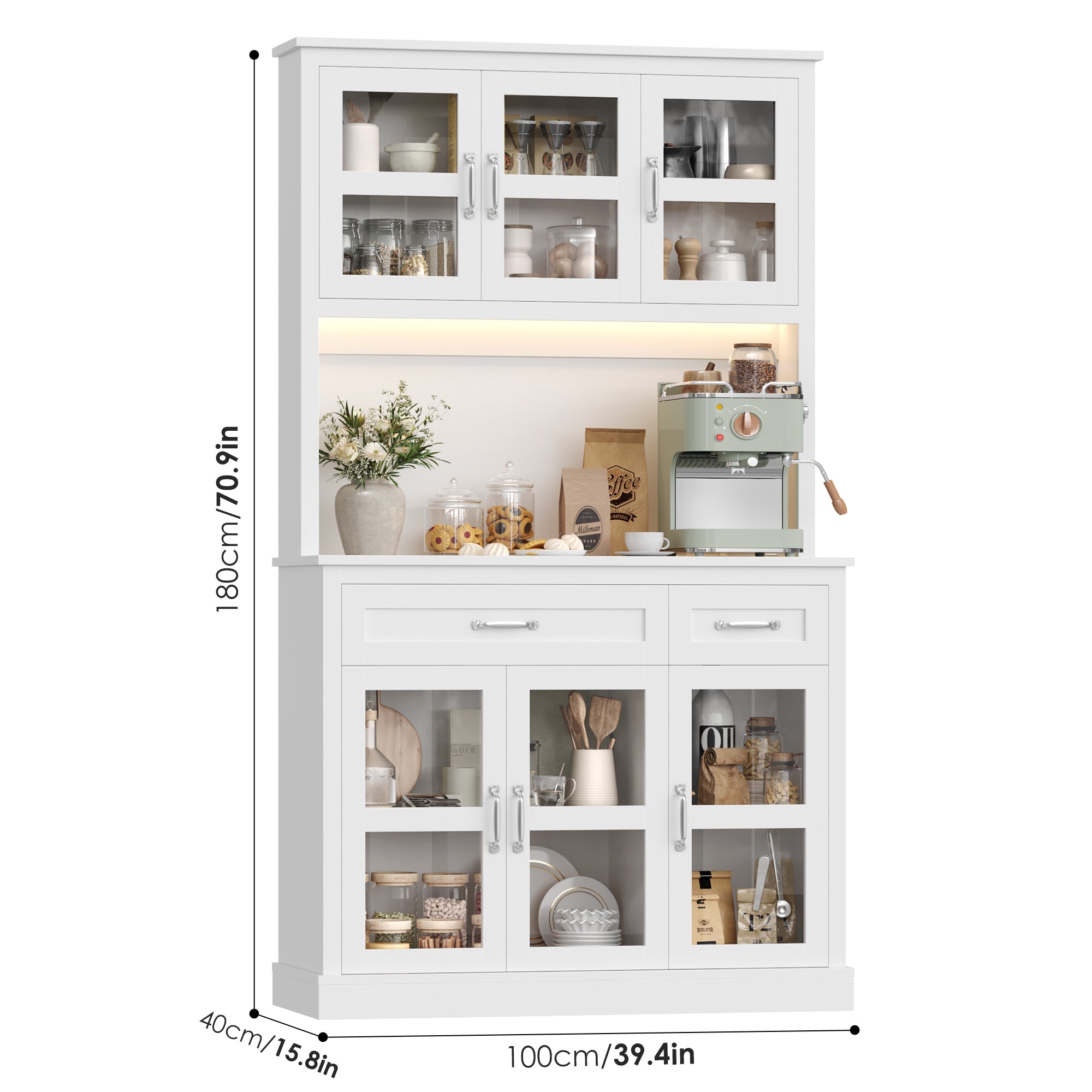 Hiphuta 71" Pantry Cabinet with Charging Station, Kitchen Pantry Storage Cabinet with Microwave Stand & Wine Rack, Kitchen Hutch Cabinet with Storage Drawers, Food Pantry Cabinet with Countertop for Dining Room, White