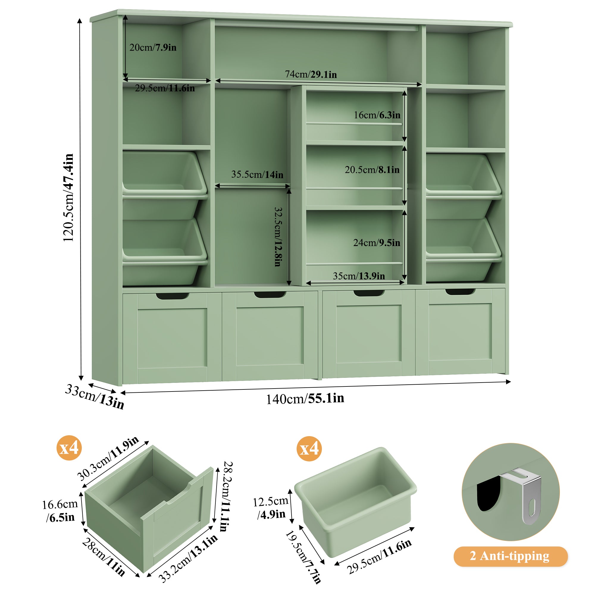 Hiphuta Kid Toy Storage with Bookshelf, Kid Toy Organizer with 4 Removable Drawers, Kid Bookcases with Toy Box for Kid Bedroom Playroom, Green