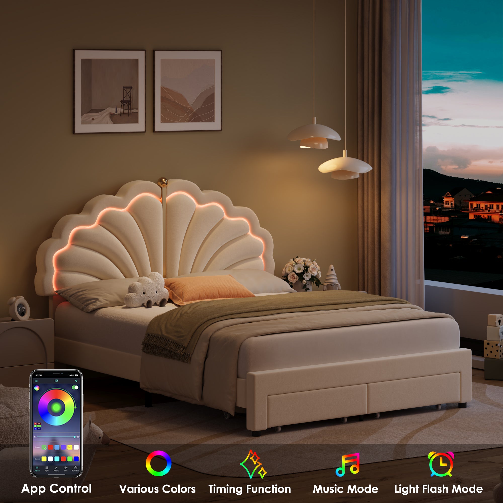 Hiphuta Kids LED Full Bed with 2 Drawers, LED Lights Platform Bed Frame with Upholstered Tufted Headboard, No Box Spring Needed, Velvet White