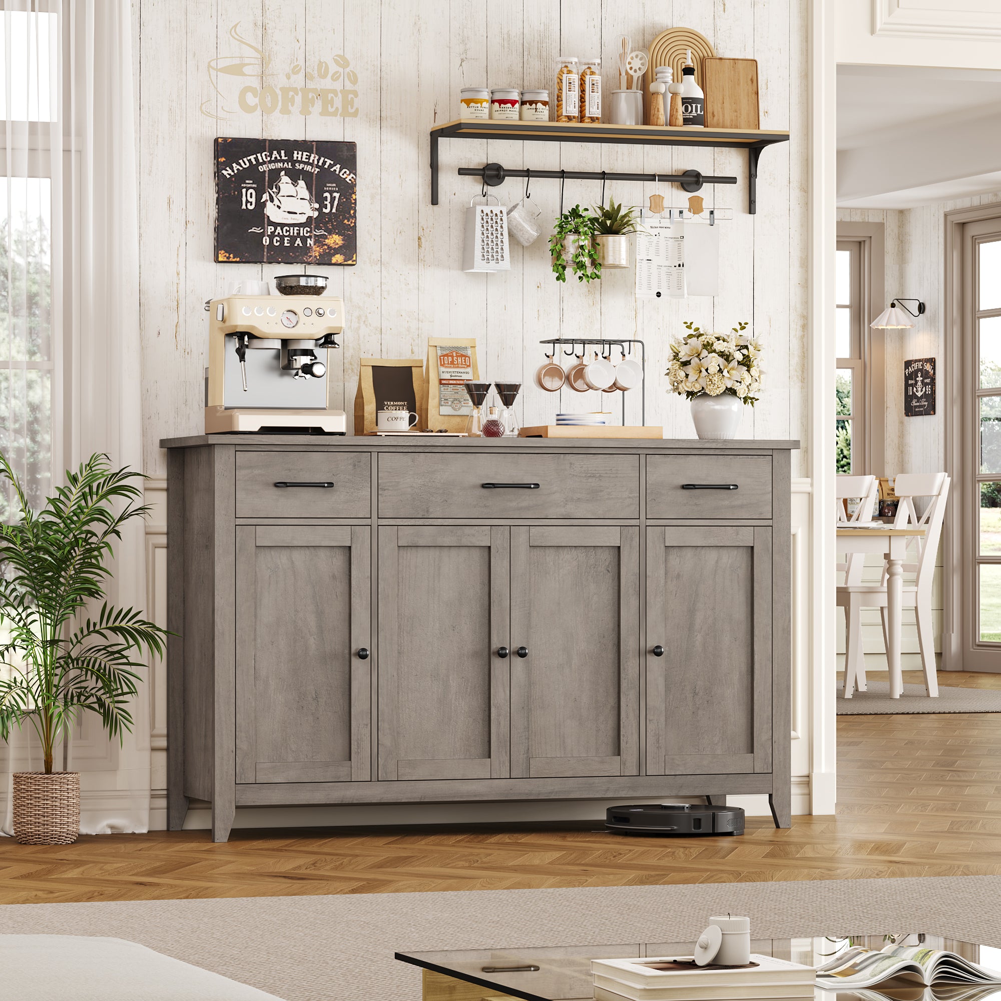 Hiphuta 55"Wide Buffet Cabinet with 2 Adjustable Shelves, Modern Farmhouse Coffee Bar with 3 Drawers and Sturdy Base for Living Room, Ash Gray
