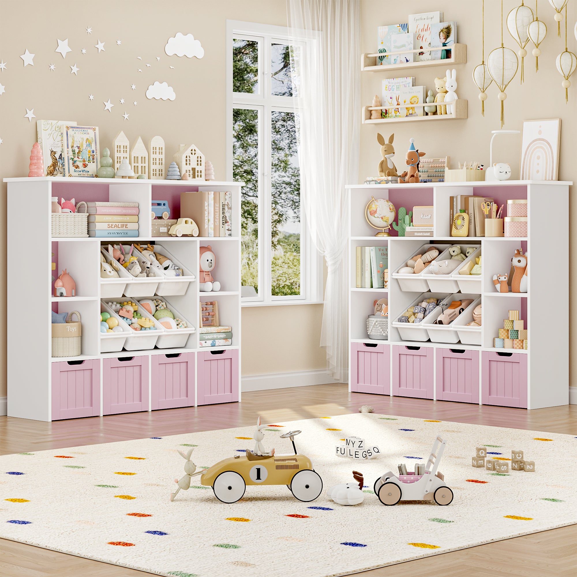 Hiphuta Large 4 Tier Kids Toy Organizer, Wood Toy Organizer of 6 Bins& 4 Removable Drawers, Children's Bookcase for Family Room, Pink