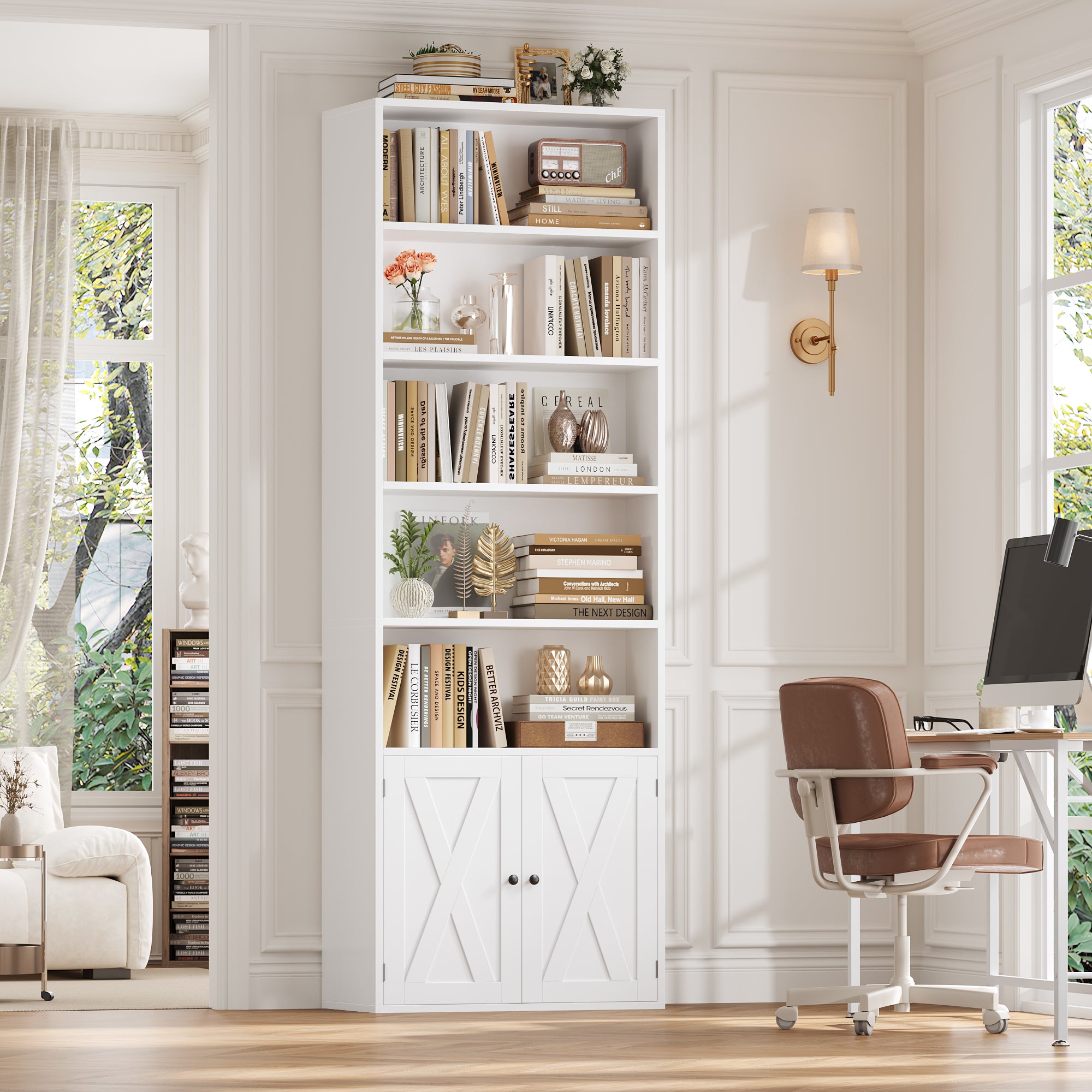 Hiphuta Dispaly Bookcase with 4 Shelves for Living Room, Wood Bookshelf with Storage, White Gold