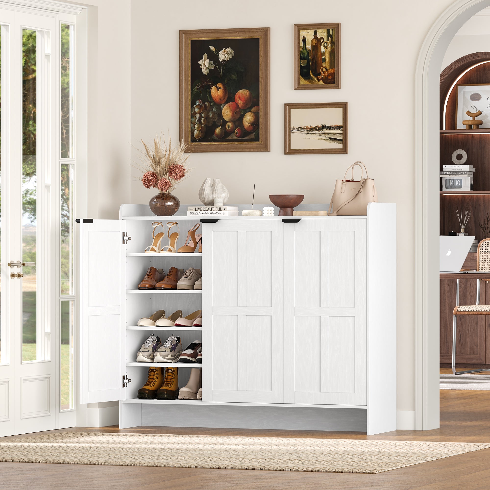 Hiphuta 6 Tiers Shoe Cabinet with Doors, Modern Minimalist Shoe Organizer for Entryway, White