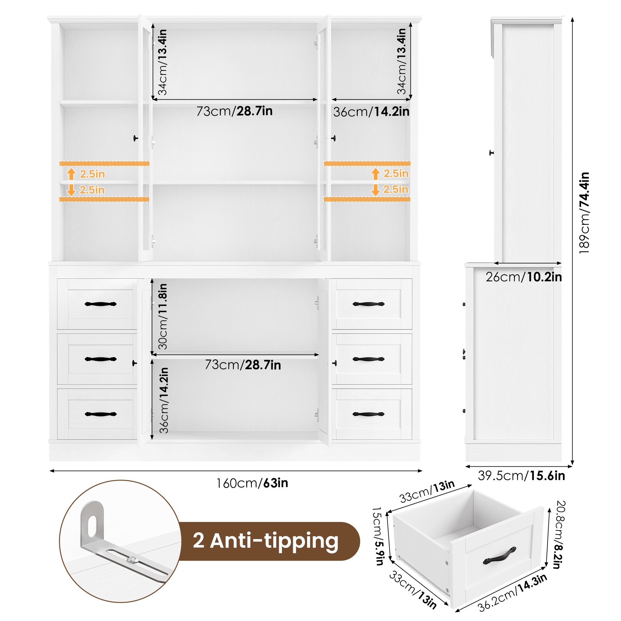 Hiphuta 63" Wide Large Kitchen Pantry Cabinet with Glass Door, 74" Tall Kitchen Storage Cabinet with 6 Drawers, Farmhouse kitchen Hutch for Kitchen Dining Room, White