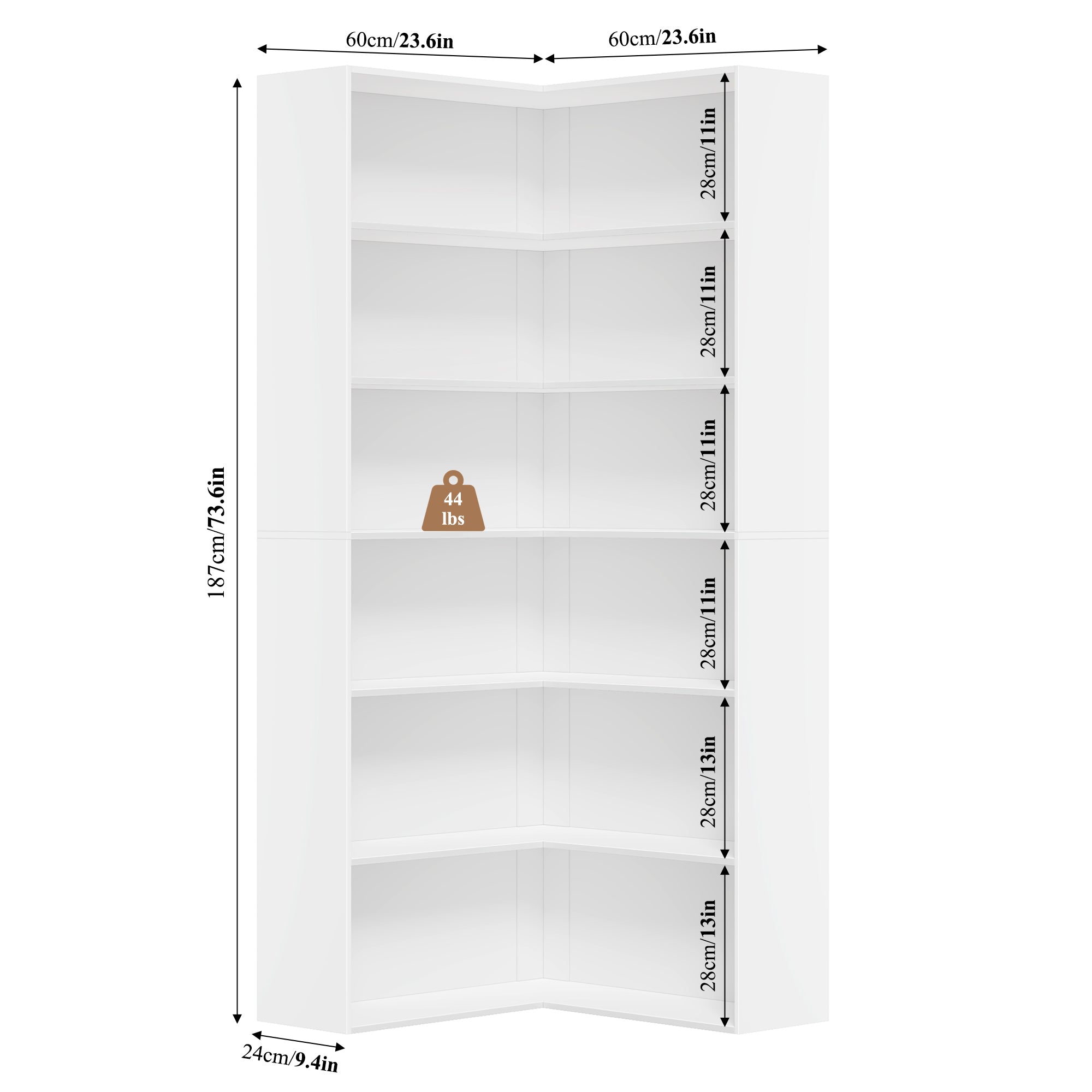 Hiphuta 74" Tall Corner Bookcase, Modern 6-Tier Corner Wooden Bookshelf, Minimalist L-Shaped Bookcase for Office Living Room, White