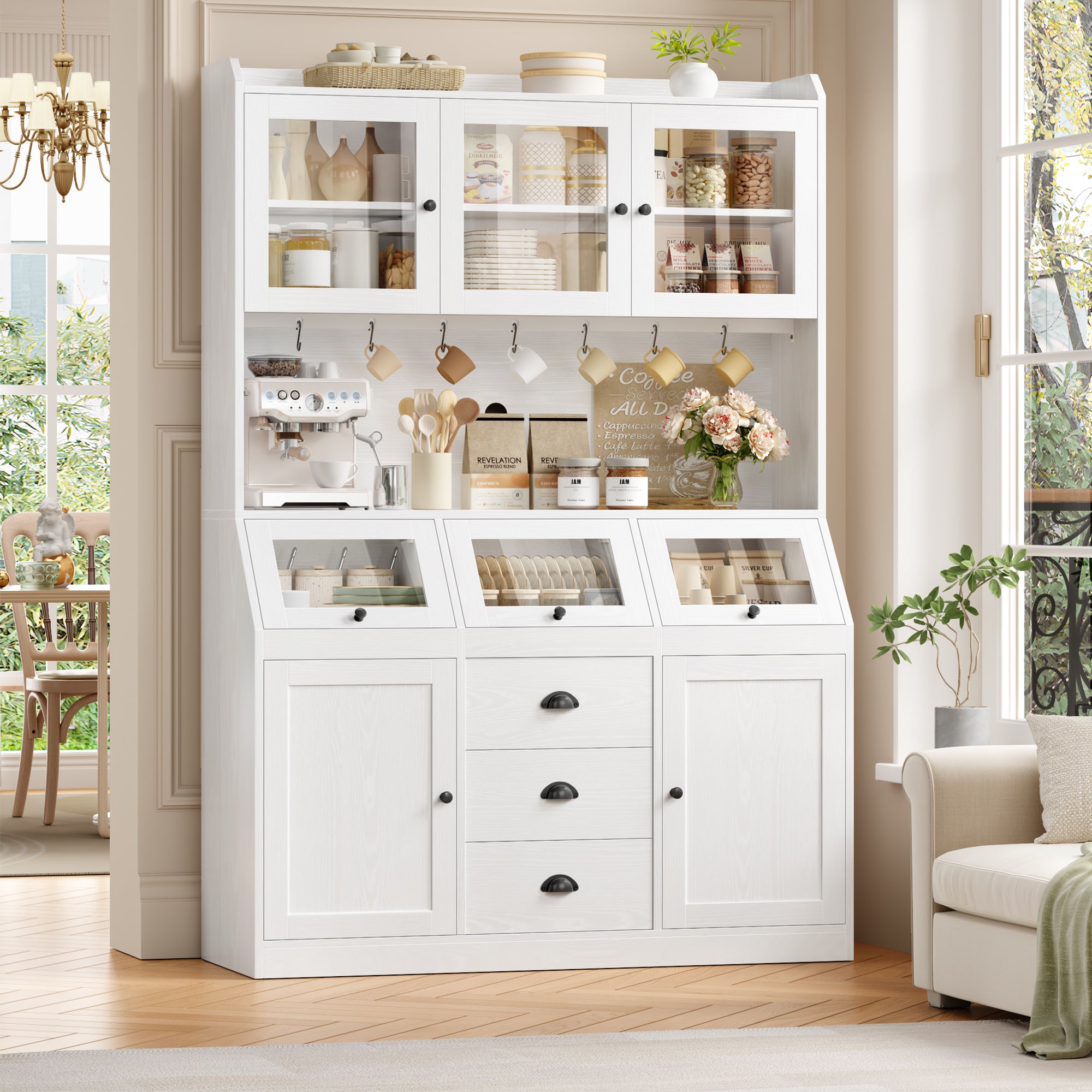 Hiphuta Farmhouse Kitchen Pantry Storage Cabinet, 71”H Freestanding Hutch with 8 Doors and 3 Drawers for Dining and Living Room, White