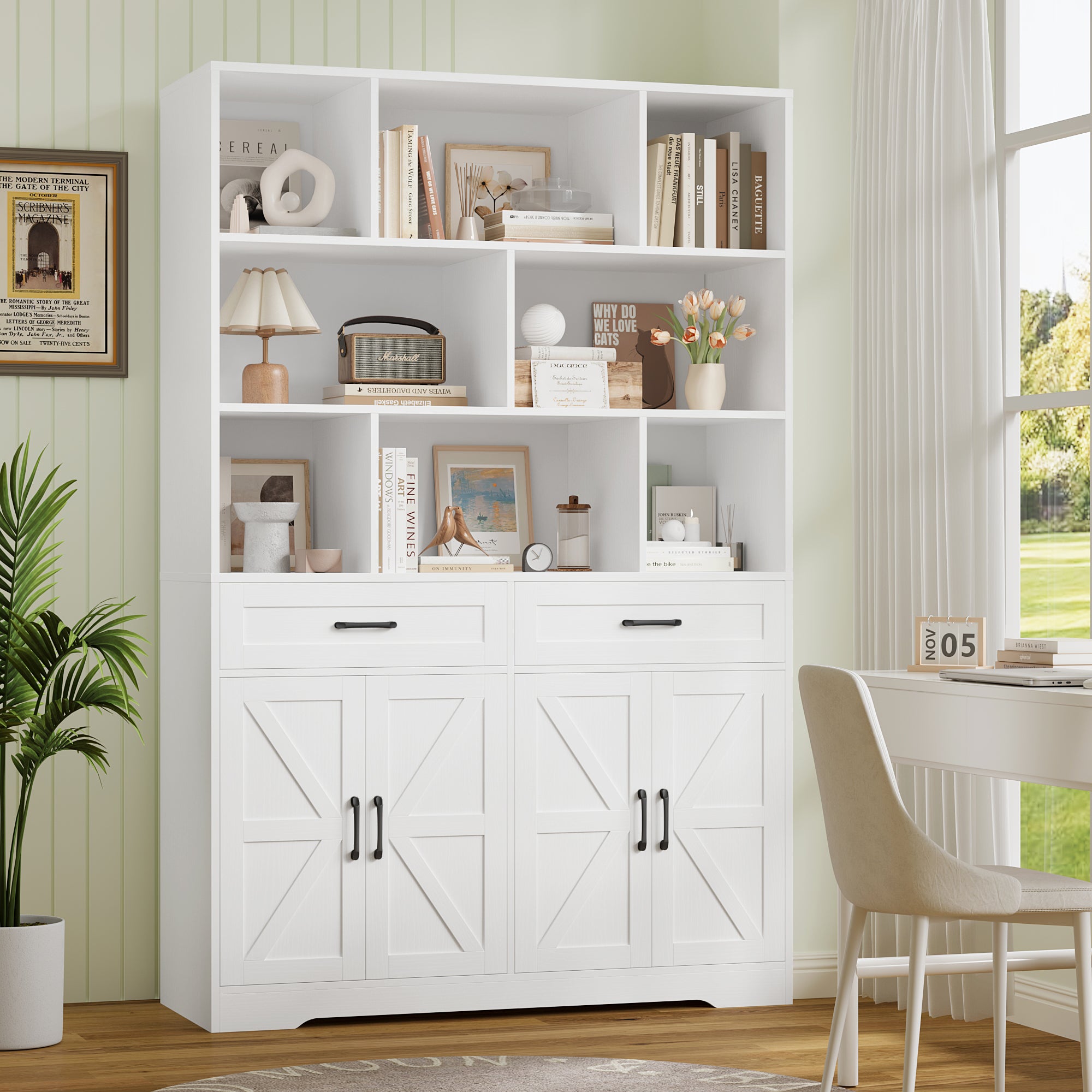 Hiphuta 6-tier Bookcase with Drawers & Doors, 71" Tall Bookcases, Wooden Storage Bookshelf for Living Room Home Office, White