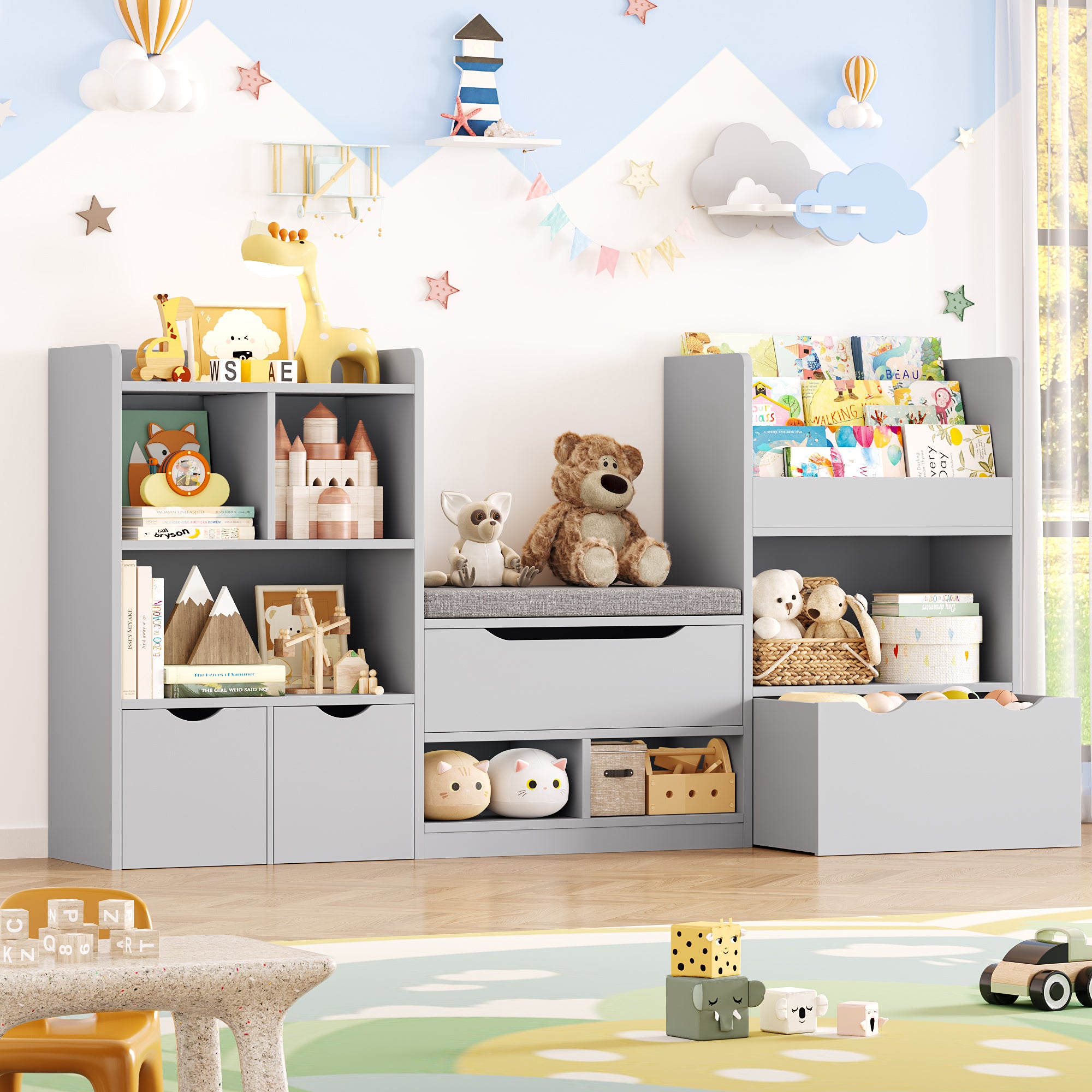 Hiphuta 72"Wide Kids Bookshelf with Reading Nook and Under Bench Storage, Kids Bookcase with Toy Organizer & Book Rack for Kids, Gray