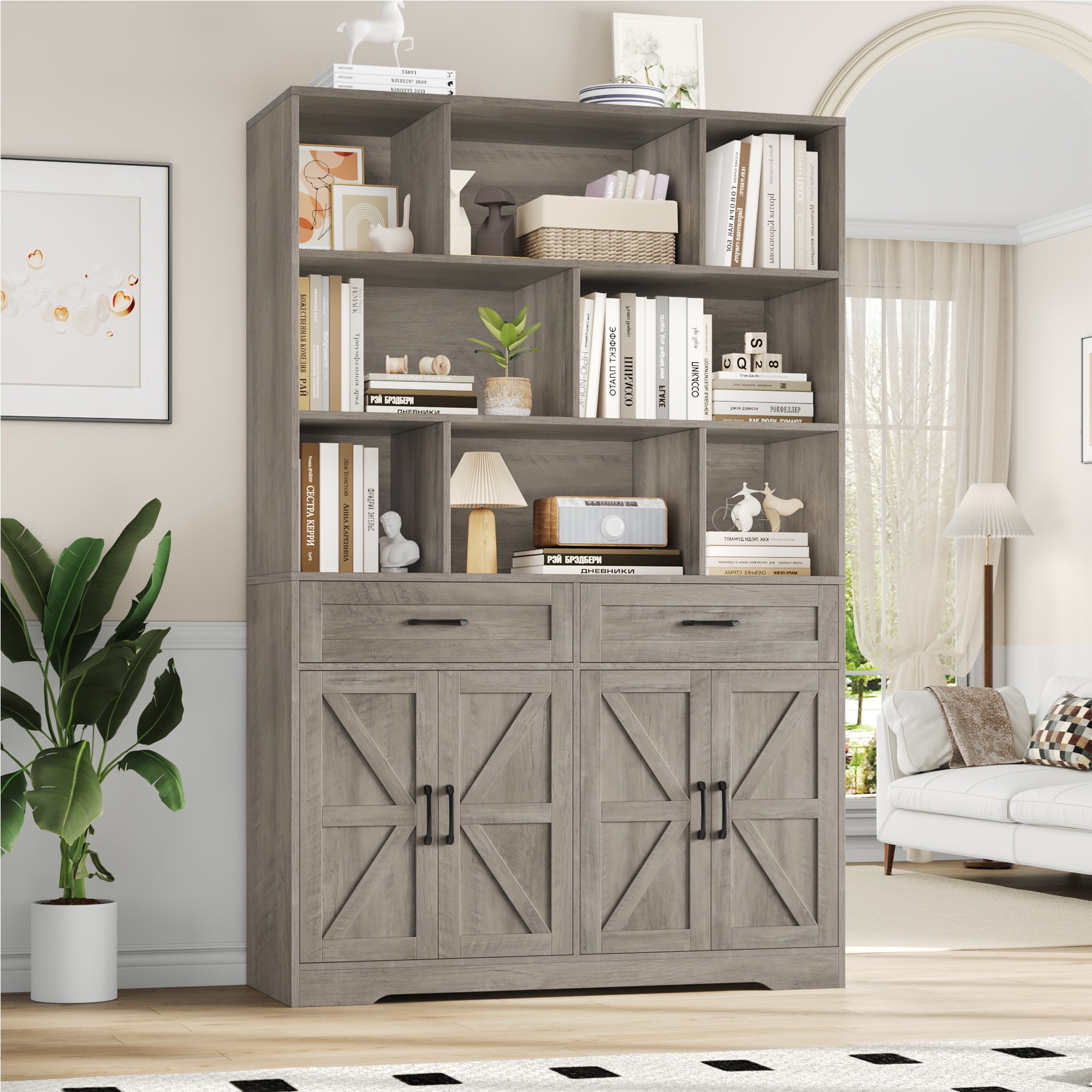 Hiphuta 6-tier Bookcase with Drawers & Doors, 71" Tall Bookcases, Wooden Storage Bookshelf for Living Room Home Office, Ash Gray