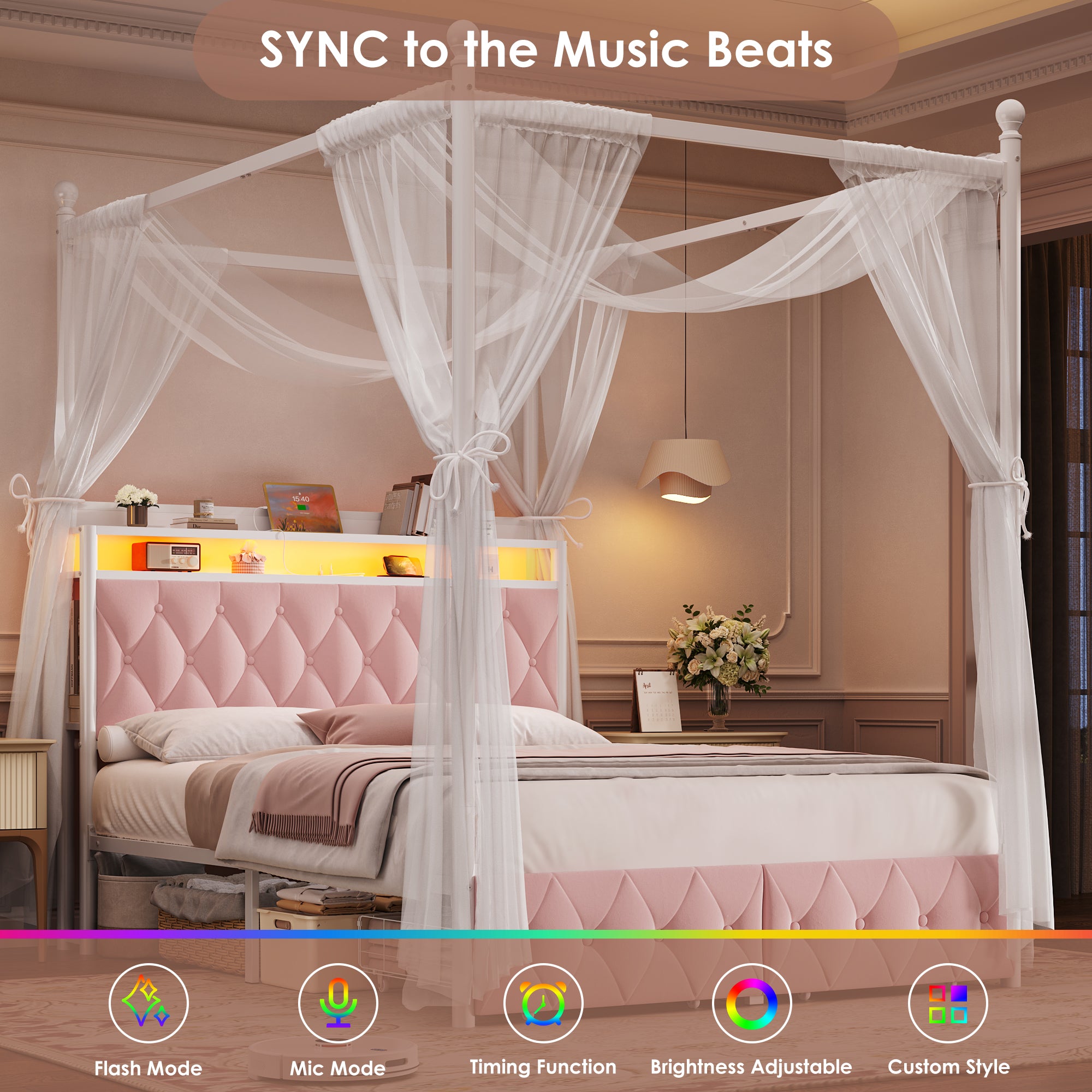 Hiphuta Queen Size Upholstered Canopy Bed with Charging Station & Storage Drawer, Metal Platform Bed with Button Tufted Headboard, Queen Velvet Bed for Adults, Curtain Not Included, Pink