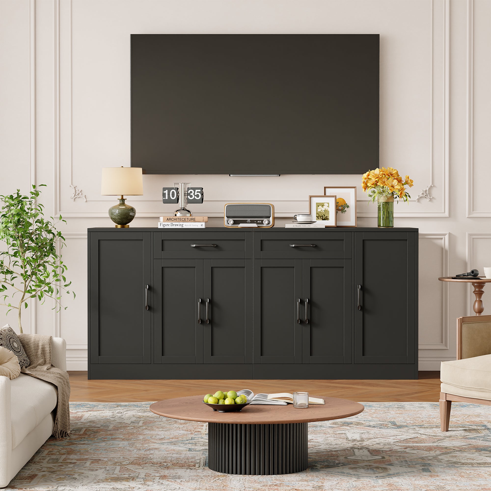 Hiphuta 70.8"W Large Buffet Cabinet with Storage, Modern Farmhouse Sideboard with 6 Doors, Coffee Bar for Kitchen Dining Room Living Room, Black