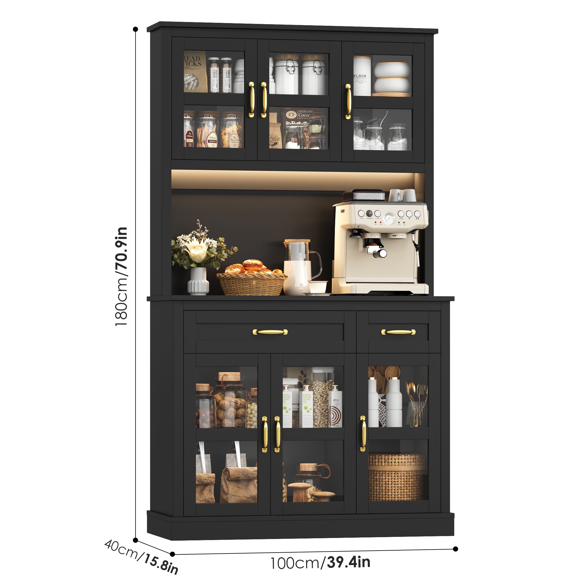 Hiphuta 71" Pantry Cabinet with Charging Station, Kitchen Pantry Storage Cabinet with Microwave Stand & Wine Rack, Food Pantry Cabinet with Countertop for Dining Room, Black