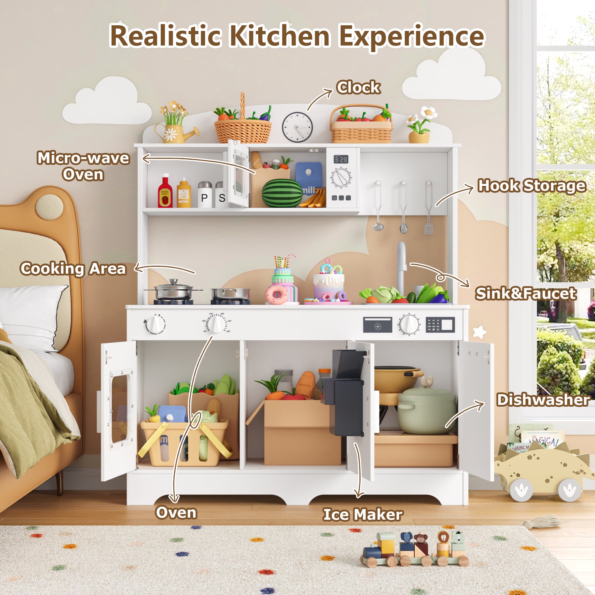 Hiphuta Play Kitchen for Kids, Wooden Kids Kitchen Playset with Plenty of Play Features, Chef Pretend Play Set for Boys and Girls Age Ages 3-10, Toys Kitchen with 11 Pcs Accessories, White