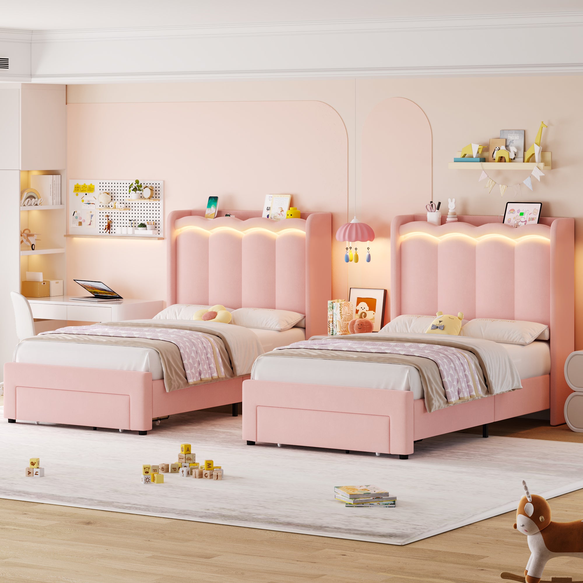 Hiphuta Twin Size Bed with Power Outlet & LED, Upholstered Princess Beds with Drawer, Twin Beds with Headboard Storage, Pink