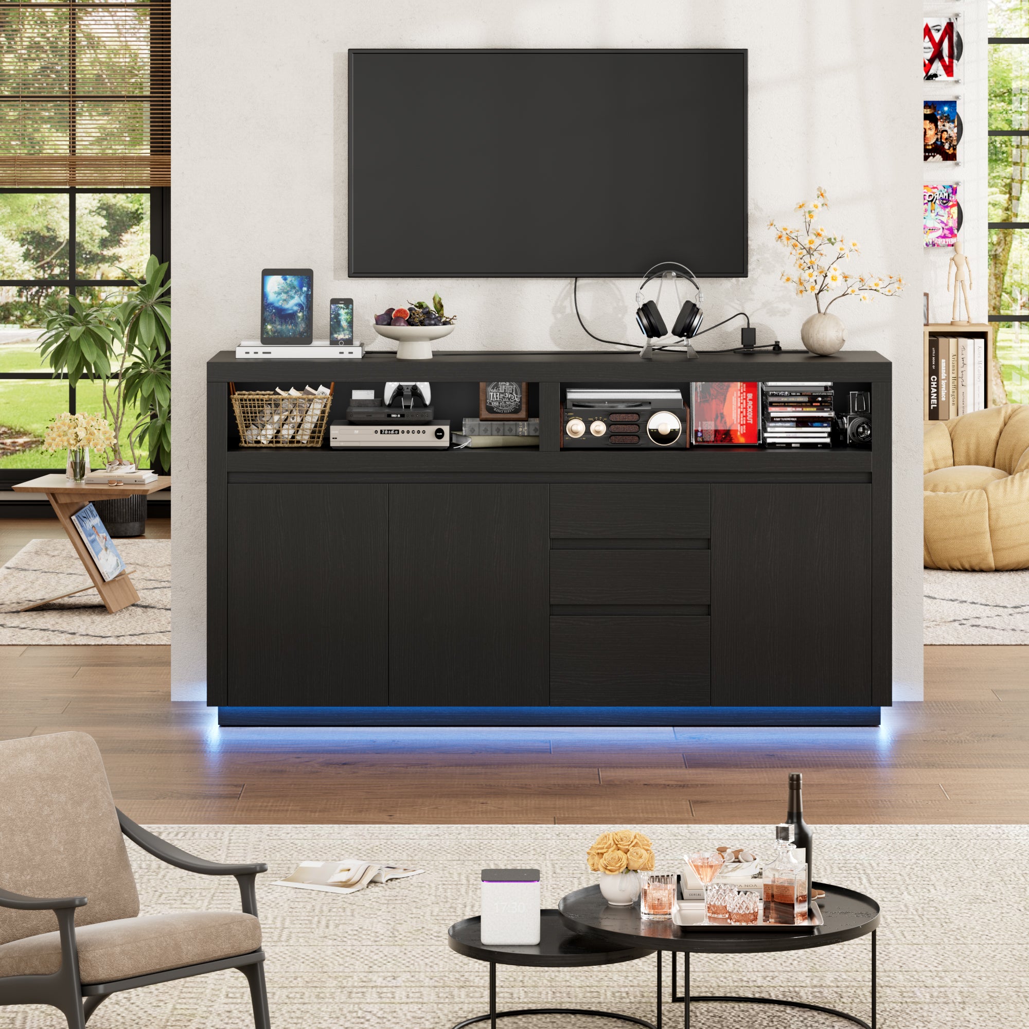 Hiphuta Farmhouse TV Stand with RGB LED, Modern Entertainment Center with Doors and Drawers, Black