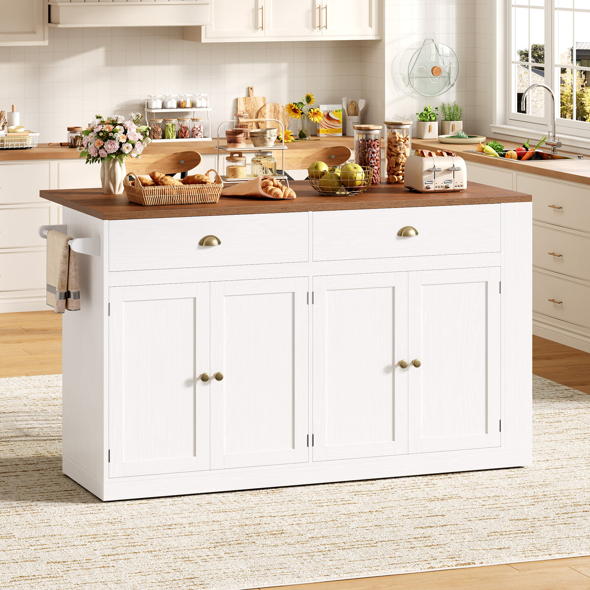 Hiphuta 63" Large Kitchen Island Cart with Storage, Rolling Island Table with Adjustable Shelves and 4 Drawers, Movable Buffet Cabinet for Dining room, White