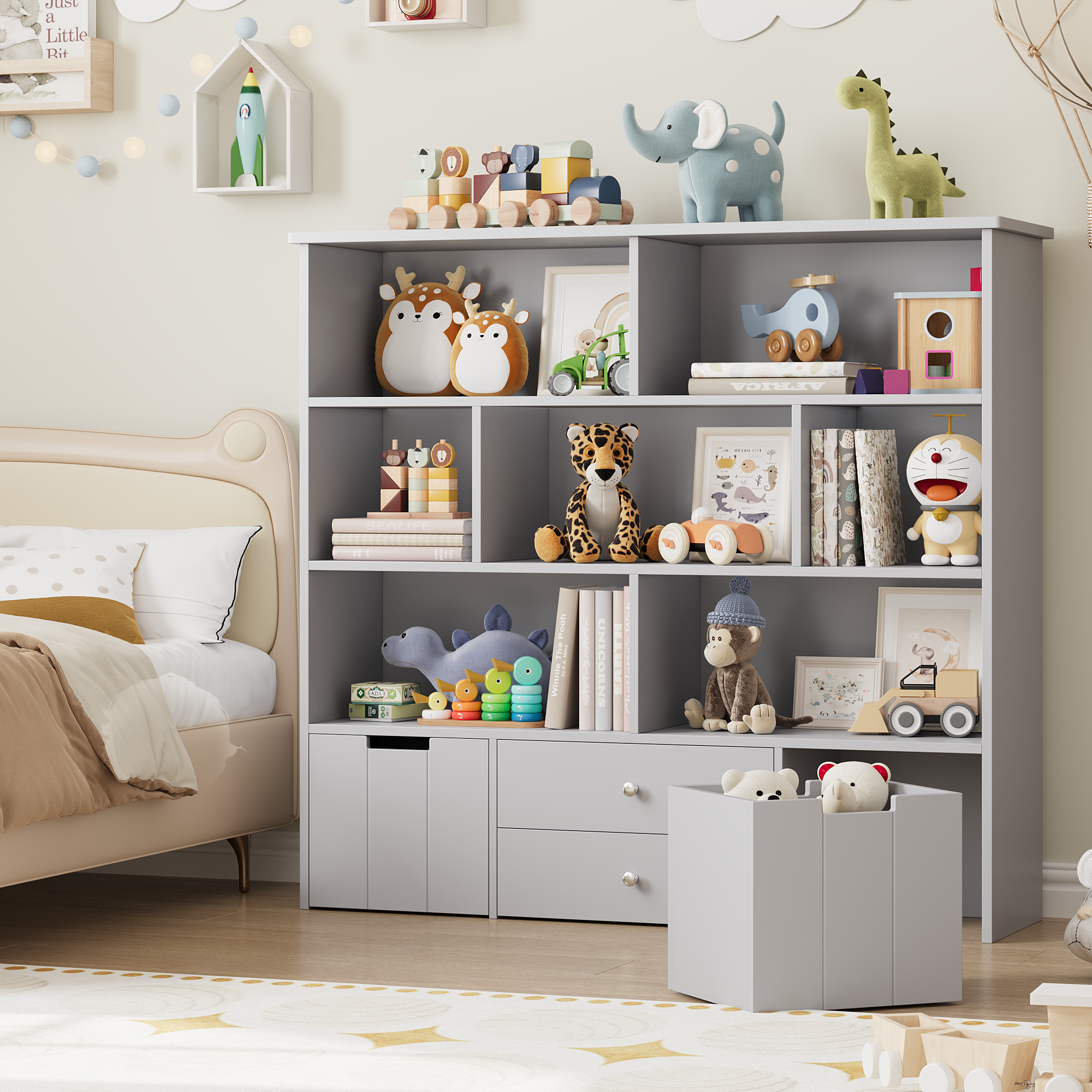 Hiphuta Kid's Toy Storage Organizer, Wood Toy Cabinet of 7 Cubes & 4 Drawers, Bookshelf for Kids Bedroom, Gray