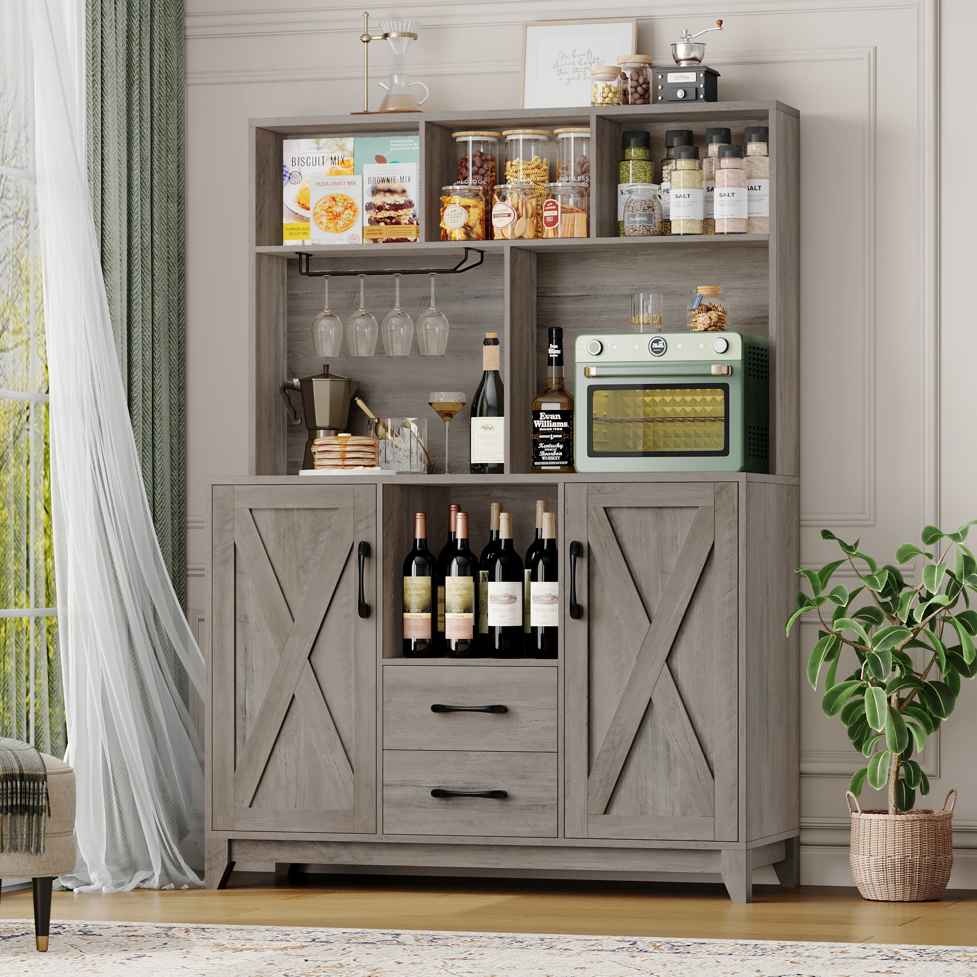 Hiphuta Kitchen Pantry Storage Cabinet, Food Pantry Cabinet with Microwave Stand, Farmhouse Wine Bar Cabinet, Coffee Bar Hutch with Wine Rack for Dining Room, Living Room, Ash Gray
