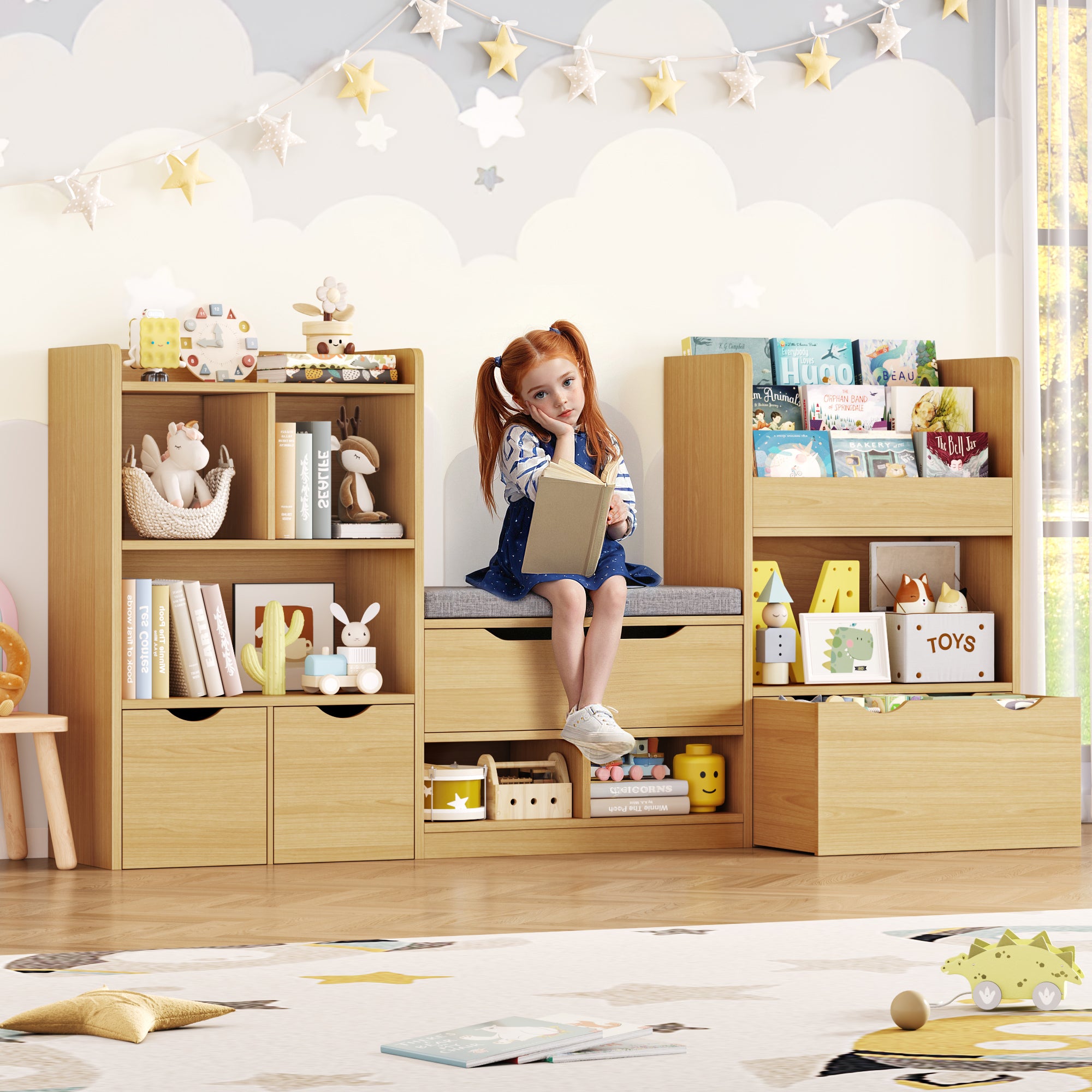 Hiphuta 72"Wide Kids Bookshelf with Reading Nook and Under Bench Storage, Kids Bookcase with Toy Organizer & Book Rack for Kids, Natural