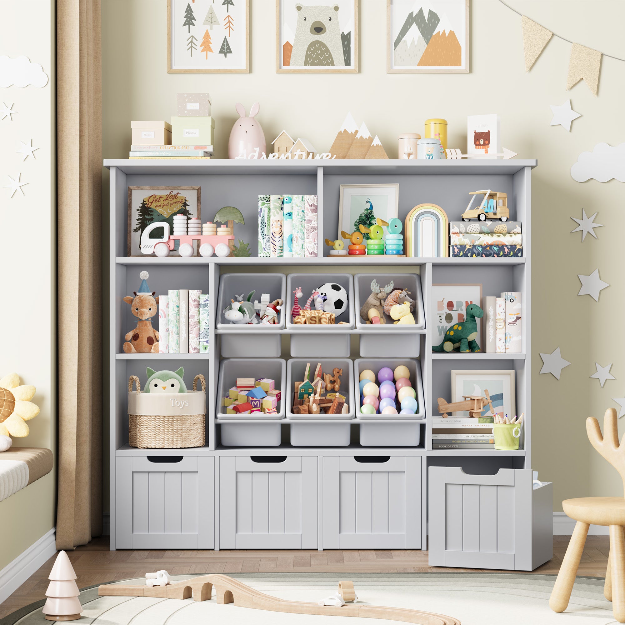 Hiphuta Large 4 Tier Kids Toy Organizer, Wood Toy Organizer of 6 Bins& 4 Removable Drawers, Children's Bookcase for Family Room, Gray