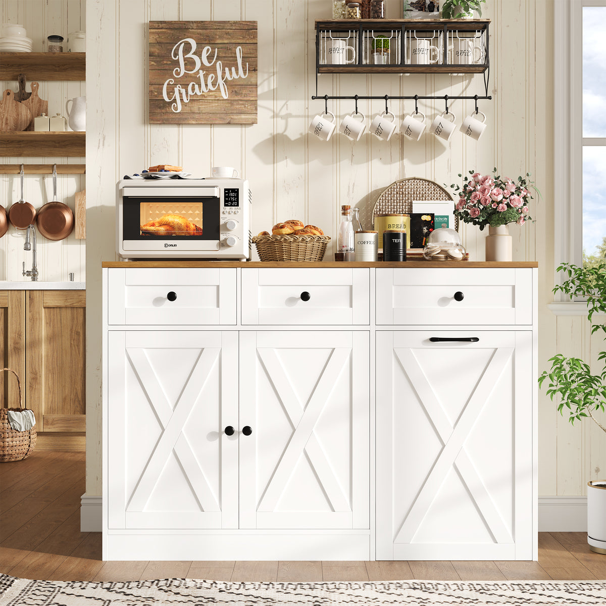 Hiphuta Trash Can Buffet Cabinet Fits 13 Gallon, 47"W Farmhouse Credenza Sideboard with Hidden Garbage Can Cabinet for Dining and Living Room, White
