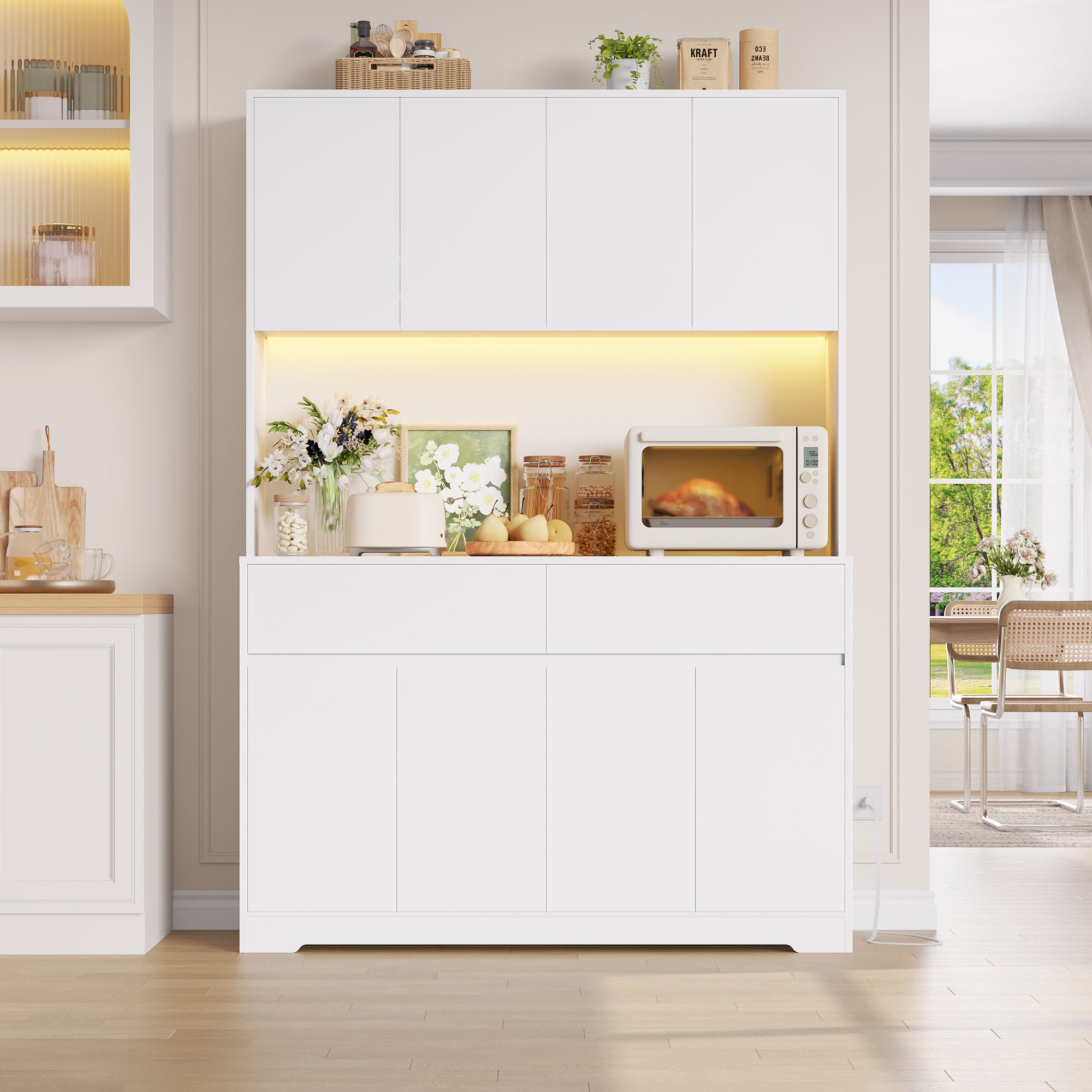 Hiphuta 71"Tall Modern Pantry Cabinet with Charge Station & Led Light, Freestanding Kitchen Hutch Cabinet for Dining Room, White