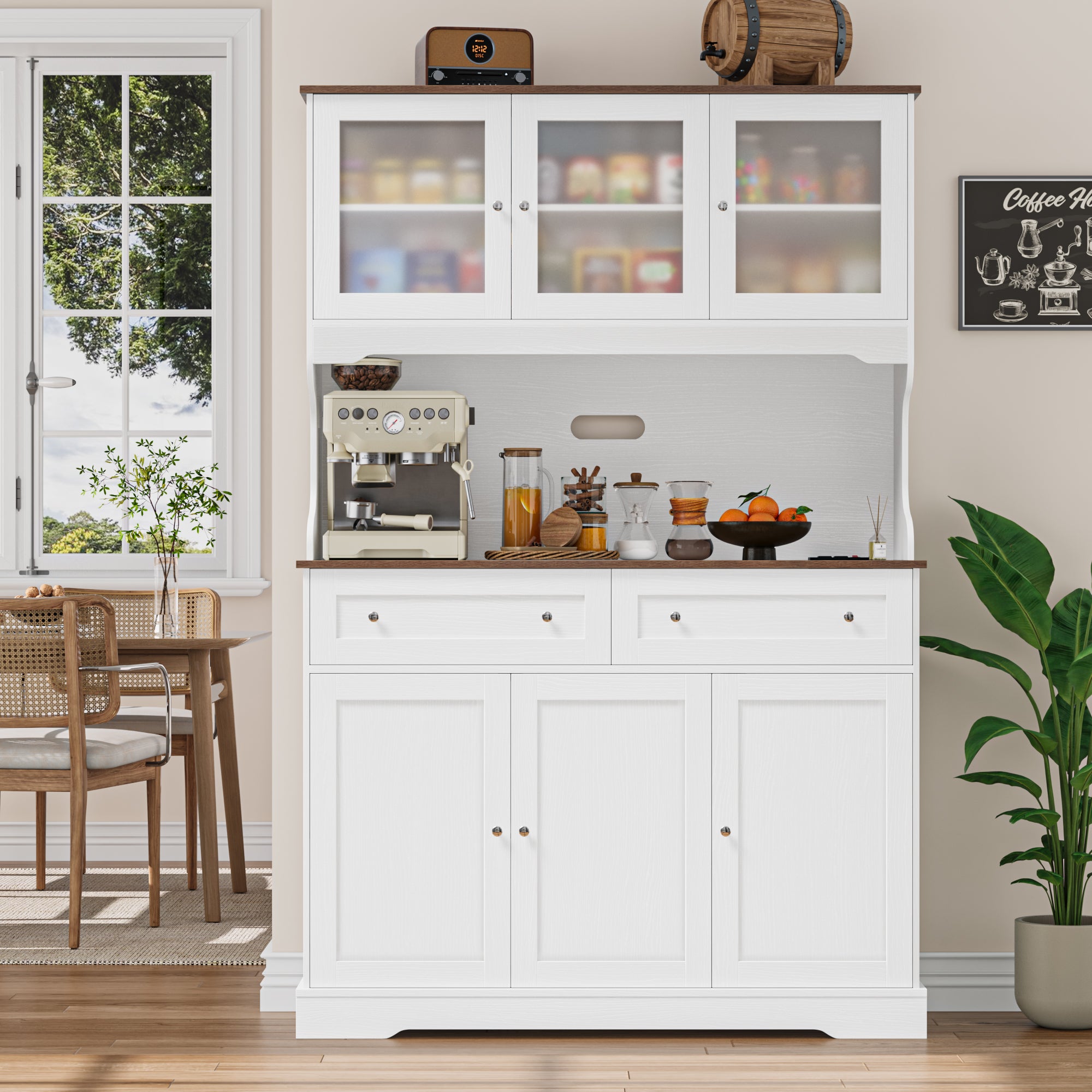 Hiphuta 72” Tall Kitchen Pantry Storage Cabinet with Power Outlet, Freestanding Cupboard Storage Buffet Hutch with Microwave Stand, Storage Pantry with Drawers & Glass Doors, White