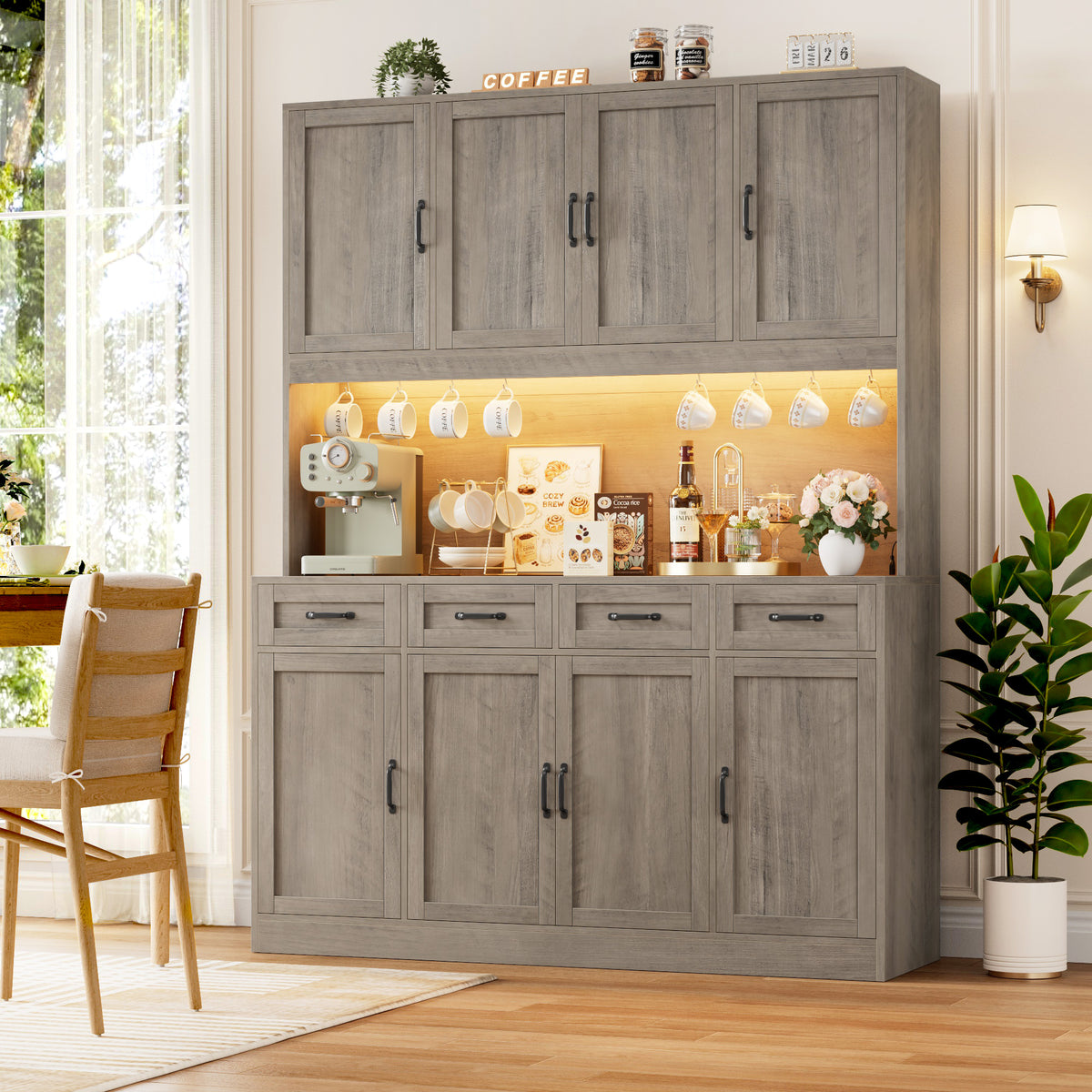 Hiphuta 59" Wide Kitchen Pantry Cabinet with 8 Doors and 4 Drawers, Extra Large Hutch Cabinet with RGB LED and Charging Station, Coffee Bar with 4 Adjustable Shelves, Gray