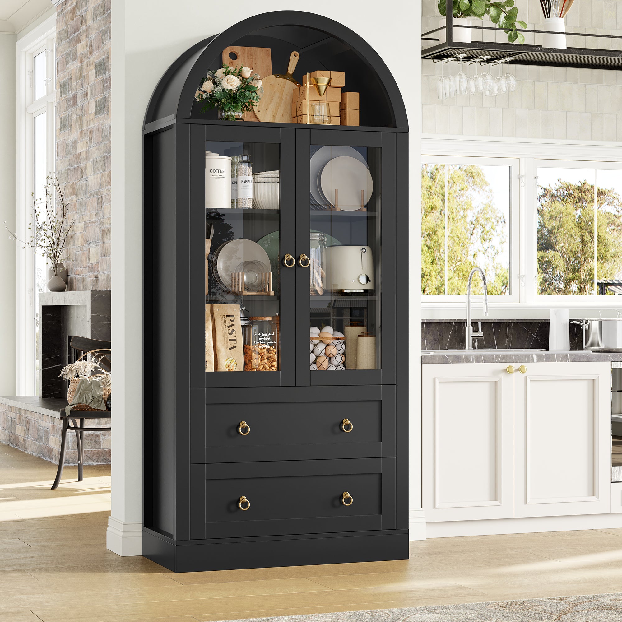 Hiphuta 70" Tall Arched Kitchen Pantry Storage Cabinet with 2 Large Drawers, Freestanding Modern Farmhouse Versatile Hutch Cupboard for Dining Room, Black
