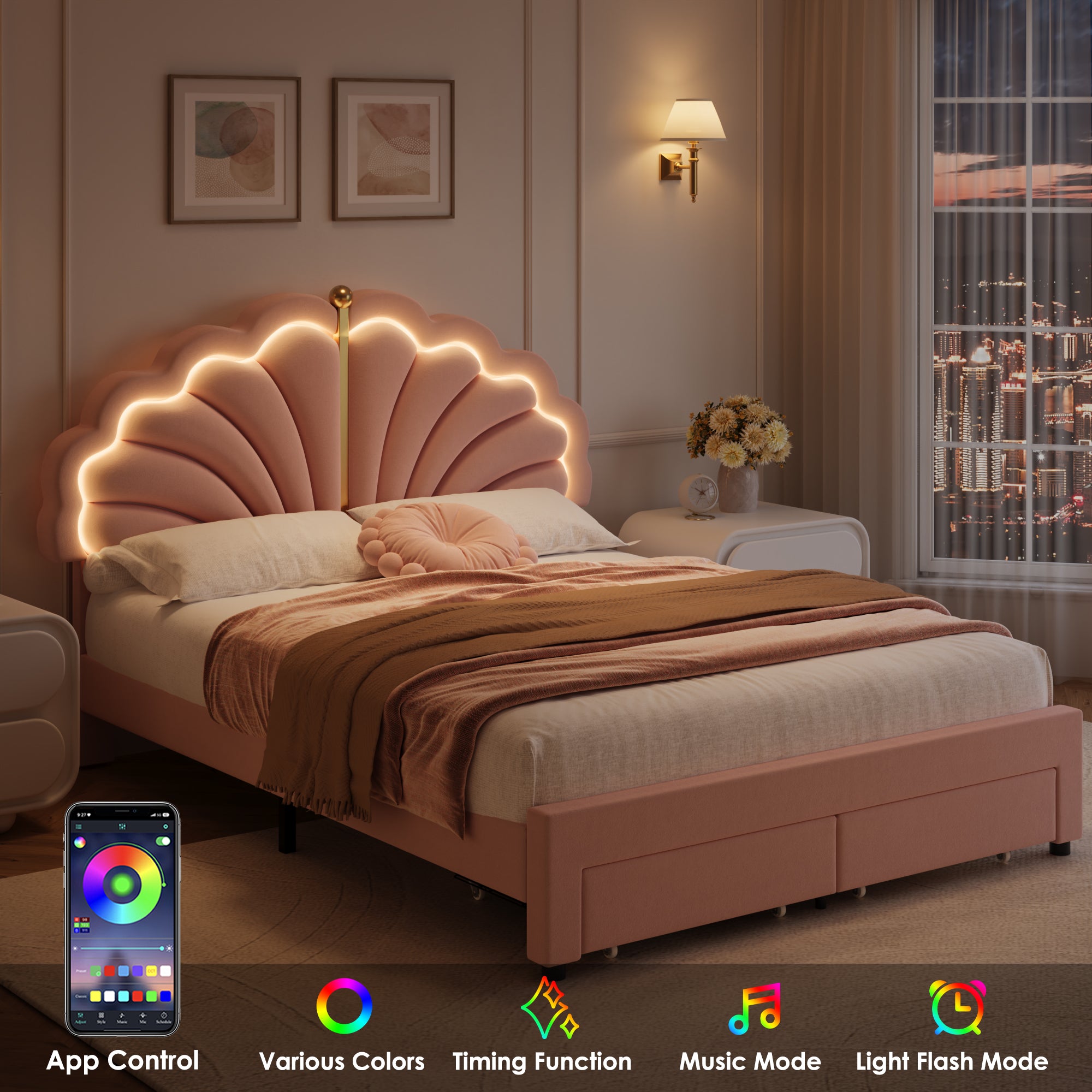 Hiphuta Kids LED Full Bed with 2 Drawers, LED Lights Platform Bed Frame with Upholstered Tufted Headboard, No Box Spring Needed, Velvet Pink