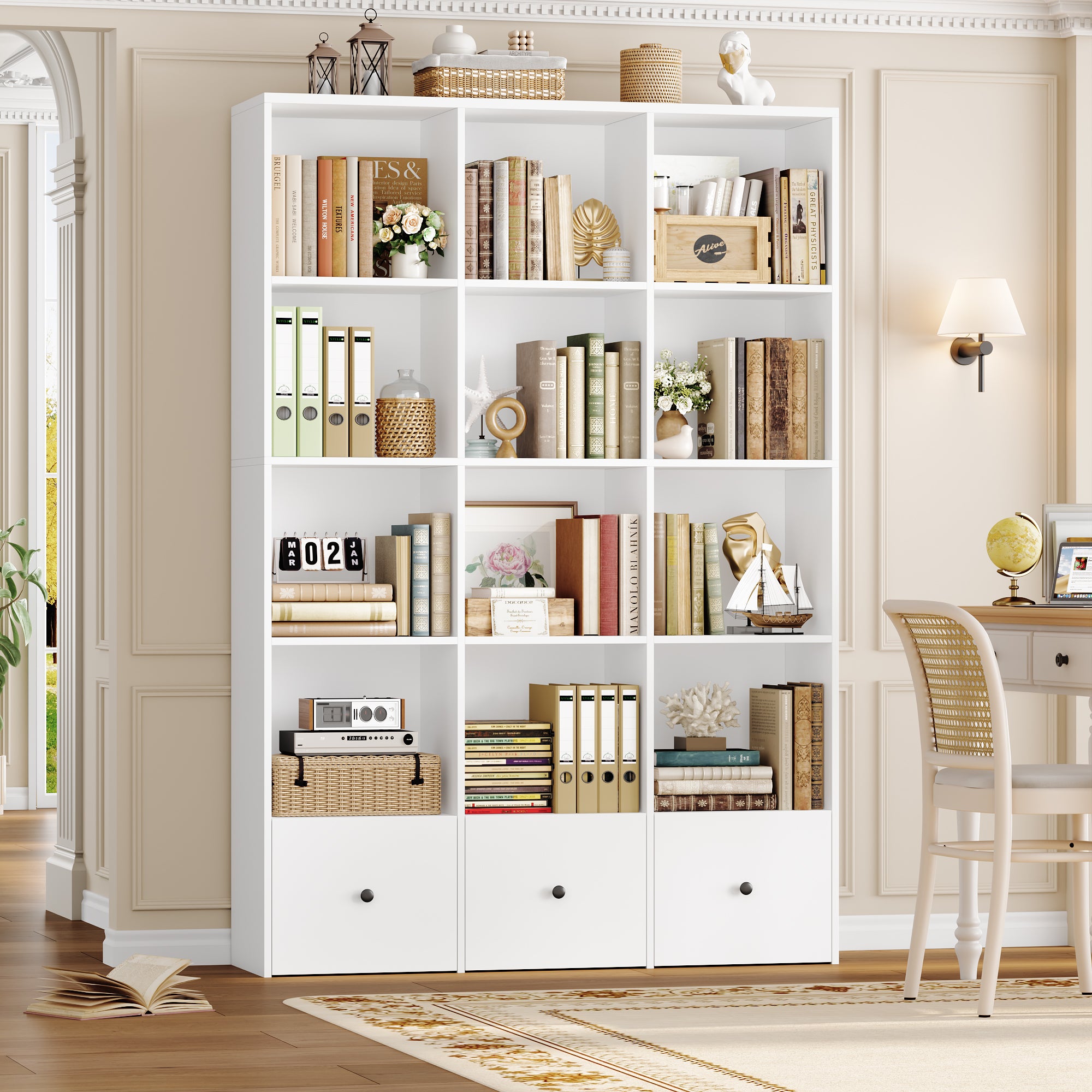 Hiphuta Triple Row 4-Tier Bookcase with 12 Cubes, 69" Tall Large Bookcase with 3 Drawers, for Office Living Room, White