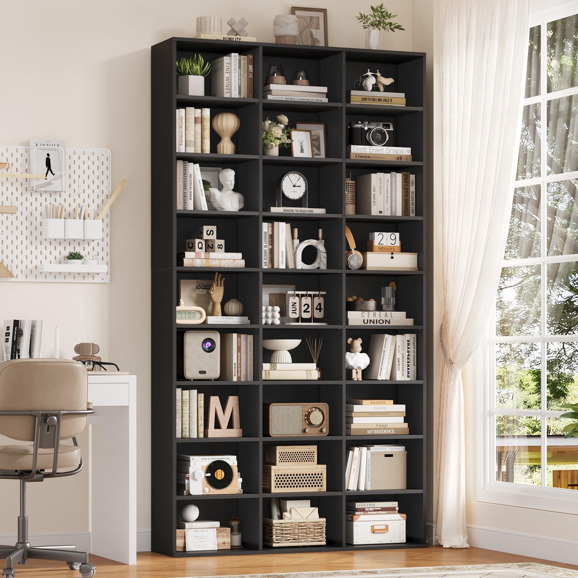 Hiphuta 27-Cube 9-Tier Bookcase, 75" Tall Triple-Wide CD Media Storage Organizer with 15 Adjustable Shelves, Freestanding Display Shelf, Black