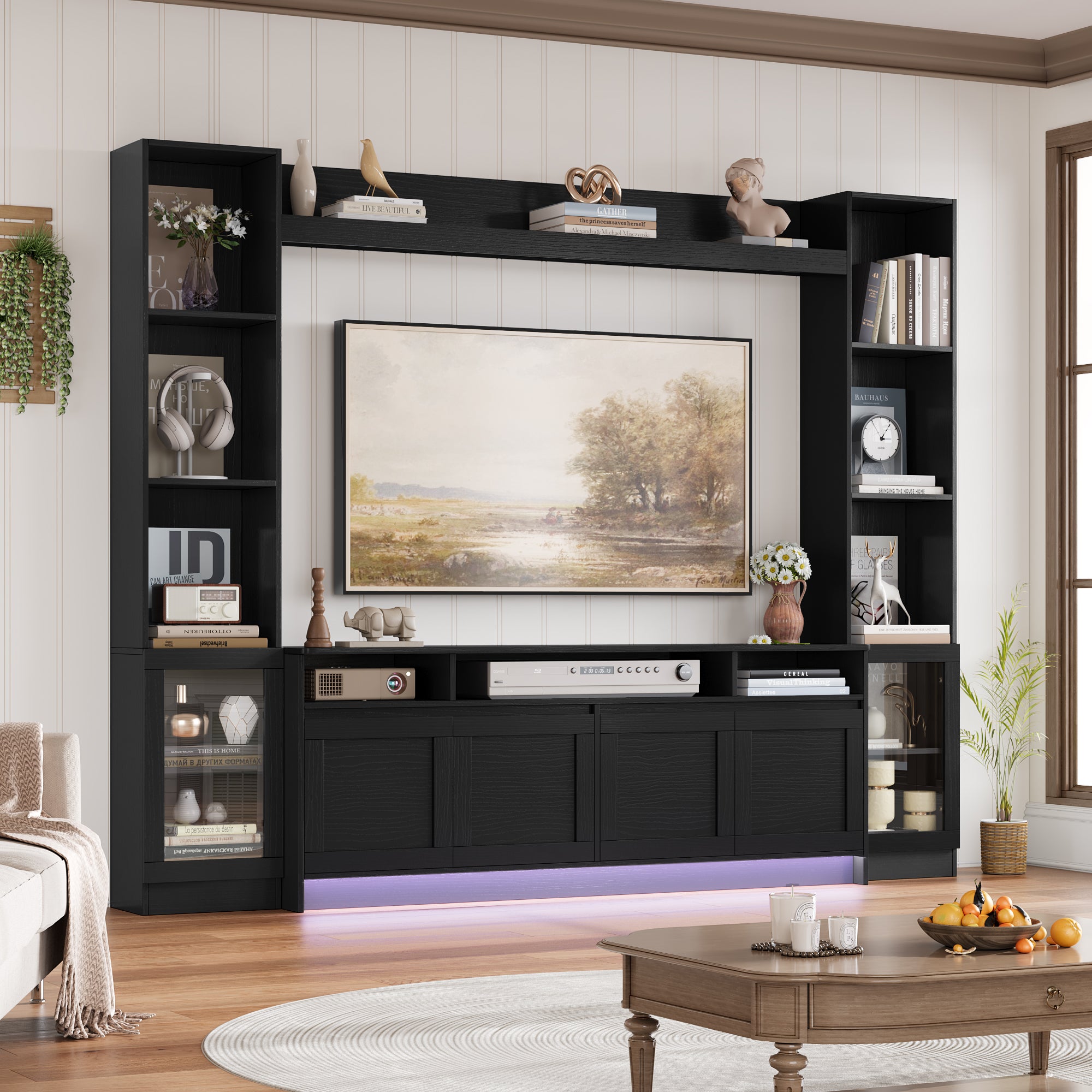 Hiphuta 79" W Wall Unit Entertainment Center for TVs up to 65", Farmhouse Wall Unit TV Stand with Bookshelves and Cabinet, Entertainment Center with LED Lights for Living Room, Black