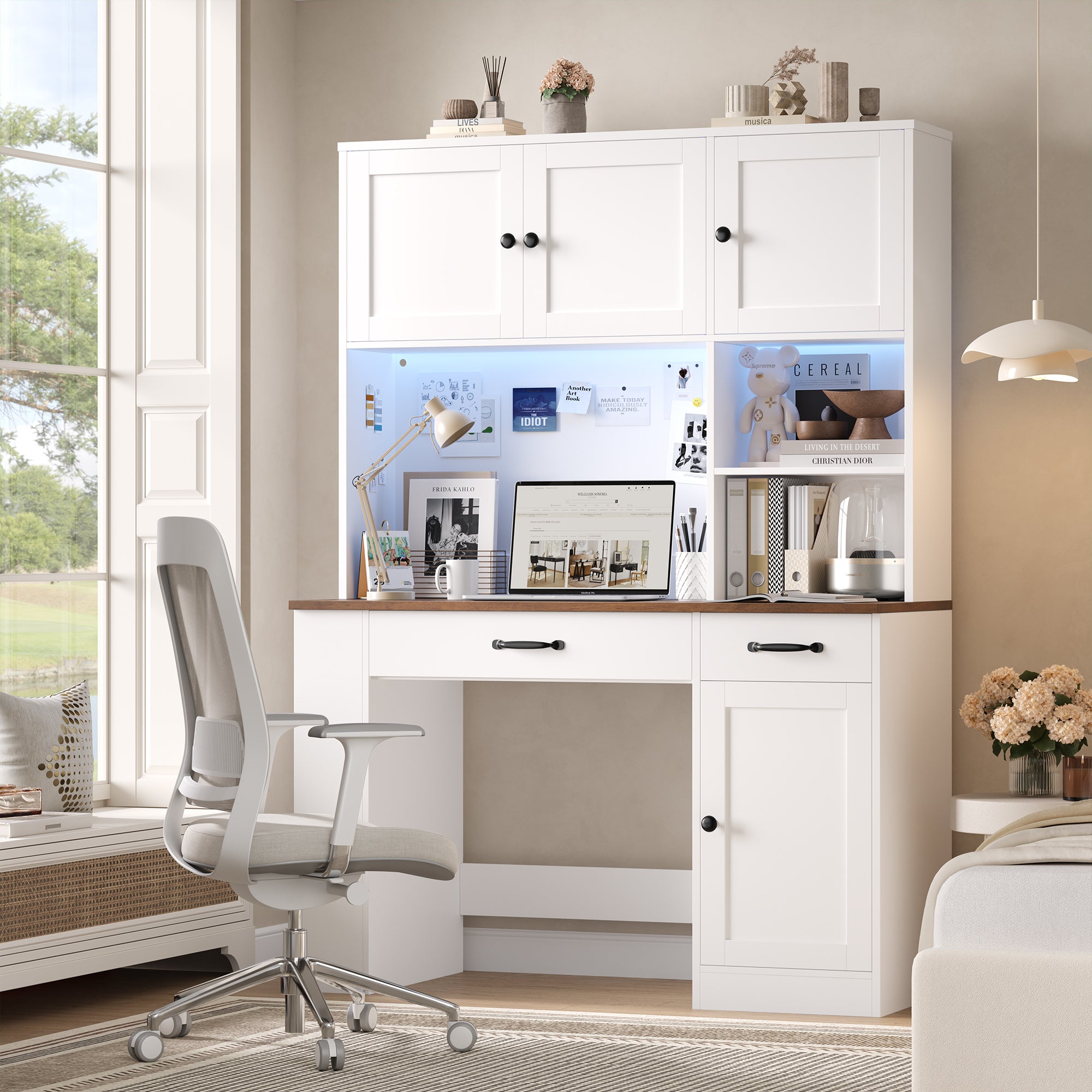 Hiphuta Executive Desk with Hutch & Power Outlets, Wood Writing Study Table with Adjustable Shelves, Home Office Computer Desk with Drawers, White