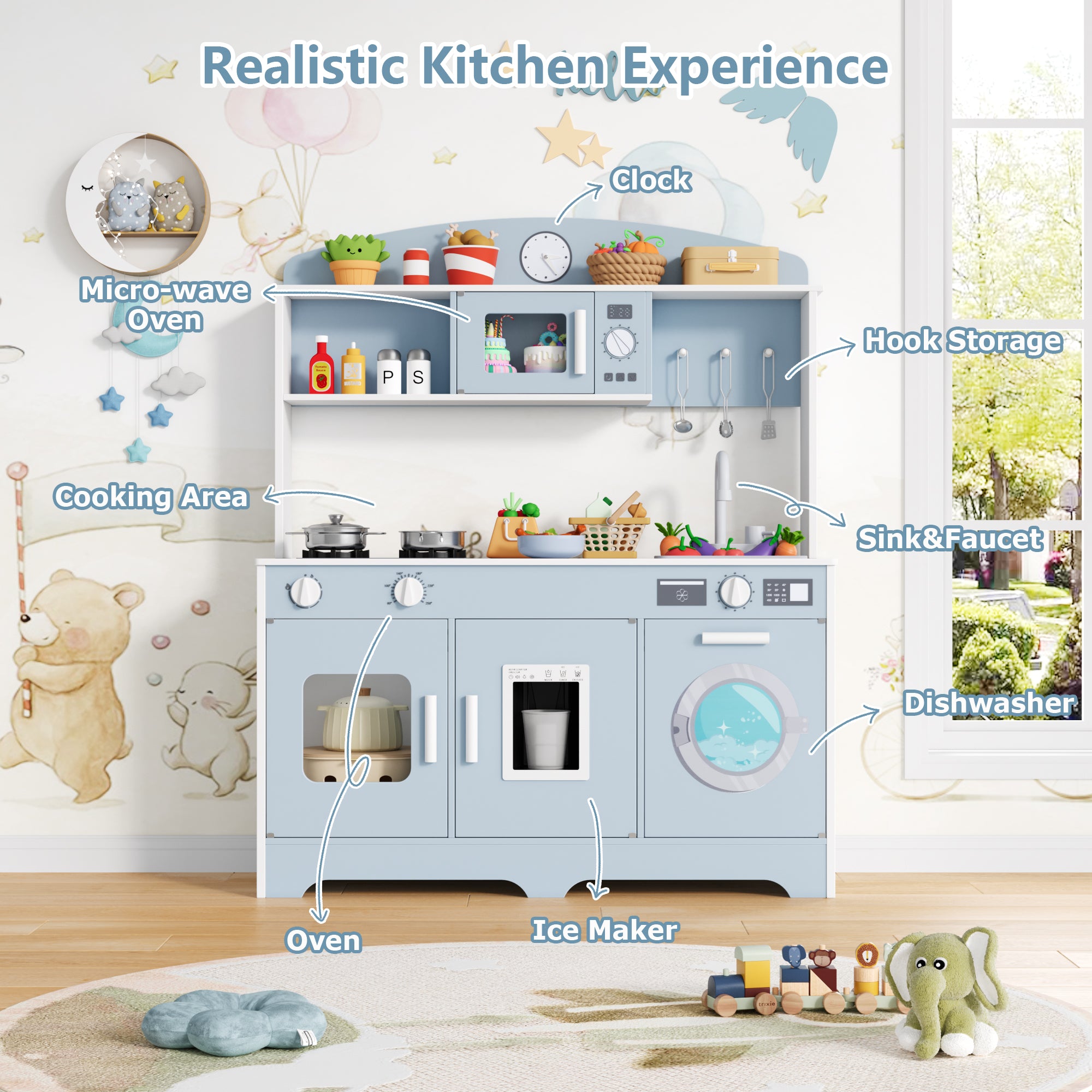 Hiphuta Play Kitchen for Kids, Wooden Kids Kitchen Playset with Plenty of Play Features, Chef Pretend Play Set for Boys and Girls Age Ages 3-10, Toys Kitchen with 11 Pcs Accessories, Blue