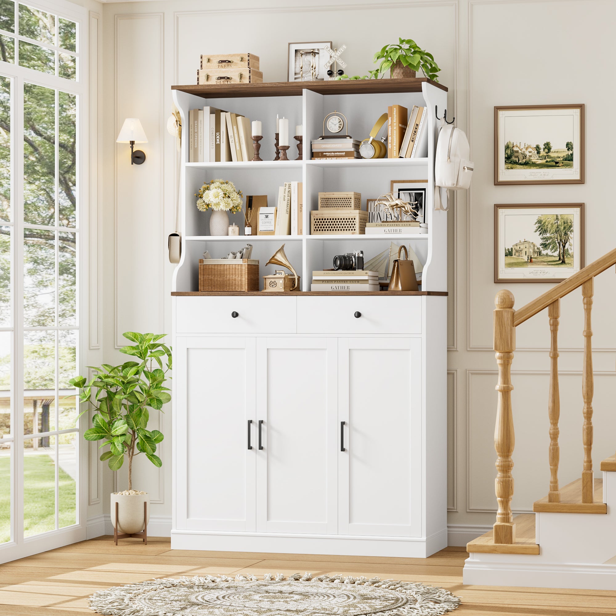 Hiphuta 73” Tall Shoe Cabinet with Doors and 2 Drawers, Hidden Shoe Storage Cabinet with Hanging Hooks, Wood Shoe Rack Organizer for Entryway, Hallway and Living Room, White