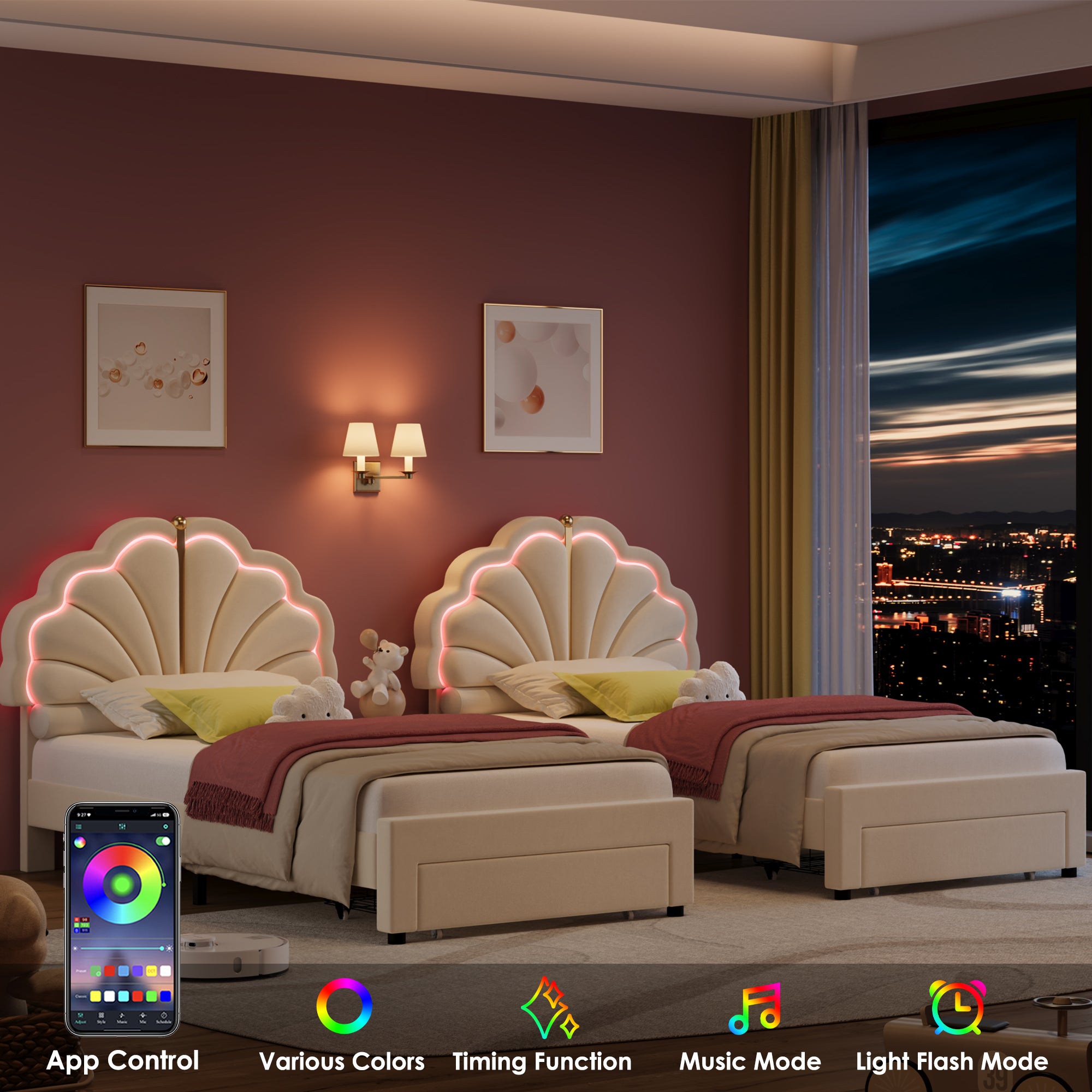 Hiphuta Kids LED Twin Bed with 2 Drawers, LED Lights Platform Bed Frame with Upholstered Tufted Headboard, No Box Spring Needed, Velvet White