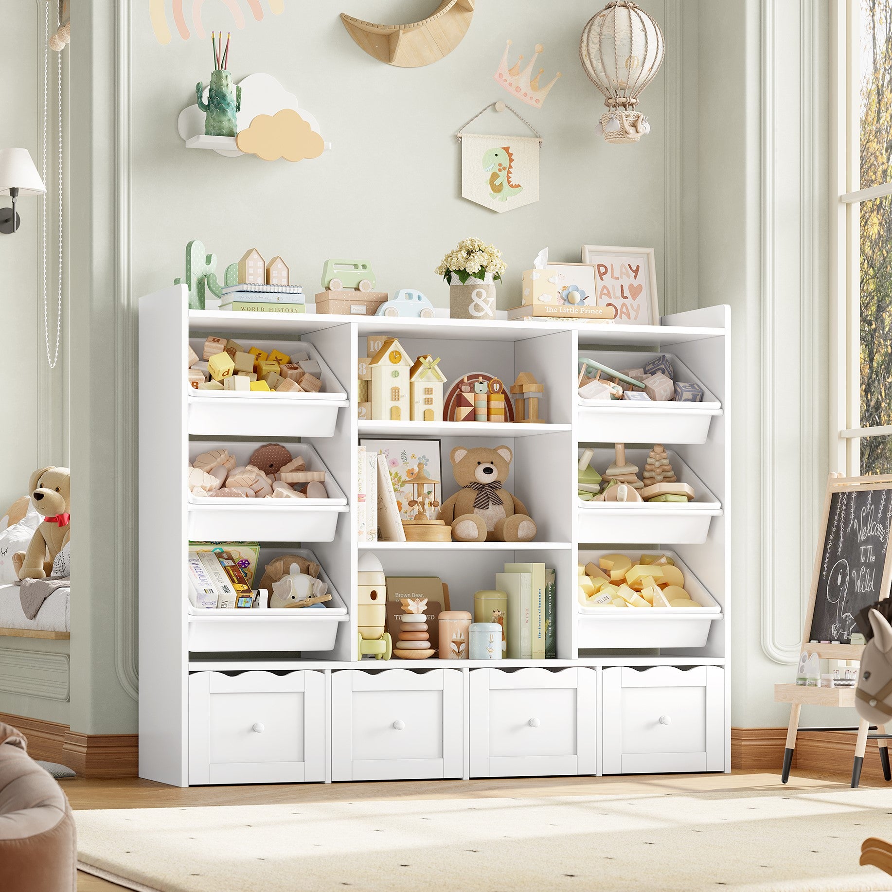 Hiphuta 55" Wide Toy Storage Organizer with 4 Removable Drawers, 4-Tier Kid Bookcase with 6 Bins, Toy Organizer with Bookcase for Kid Bedroom Playroom, White