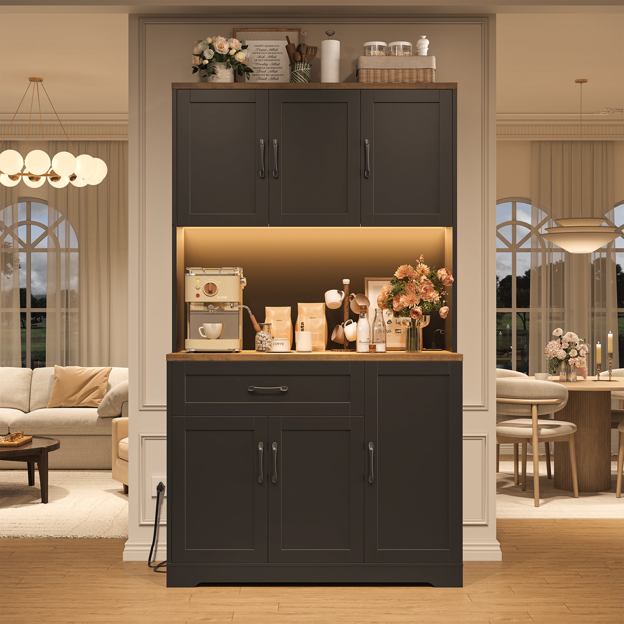 Hiphuta 71”Tall Modern Pantry Cabinet with Power Outlet & LED, Freestanding Kitchen Hutch Cabinet for Dining Room, Black