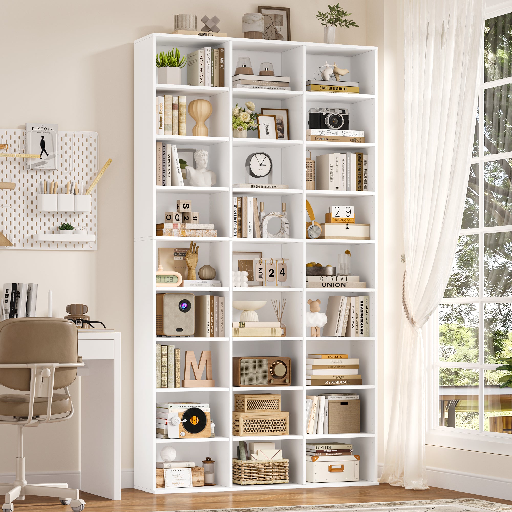 Hiphuta 27-Cube 9-Tier Bookcase, 75" Tall Triple-Wide CD Media Storage Organizer with 15 Adjustable Shelves, Freestanding Display Shelf, White
