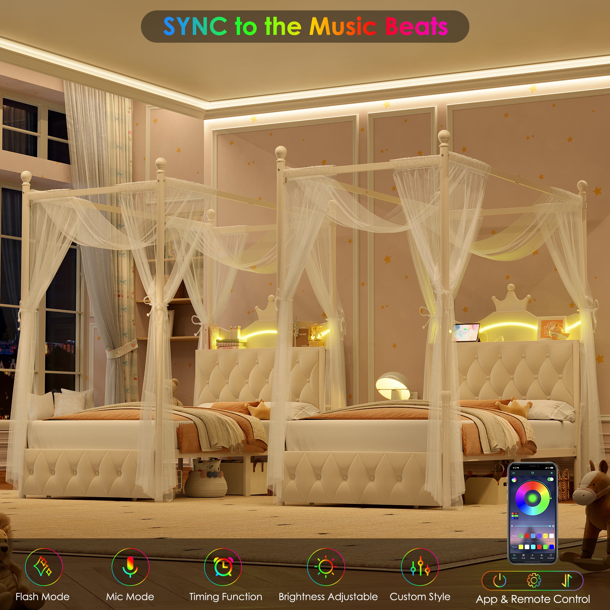 Hiphuta Twin Size Crown Canopy Bed with Power Outlet & LED, Upholstered Princess Beds with 4 Removable Posts, Twin Bed Frame, White