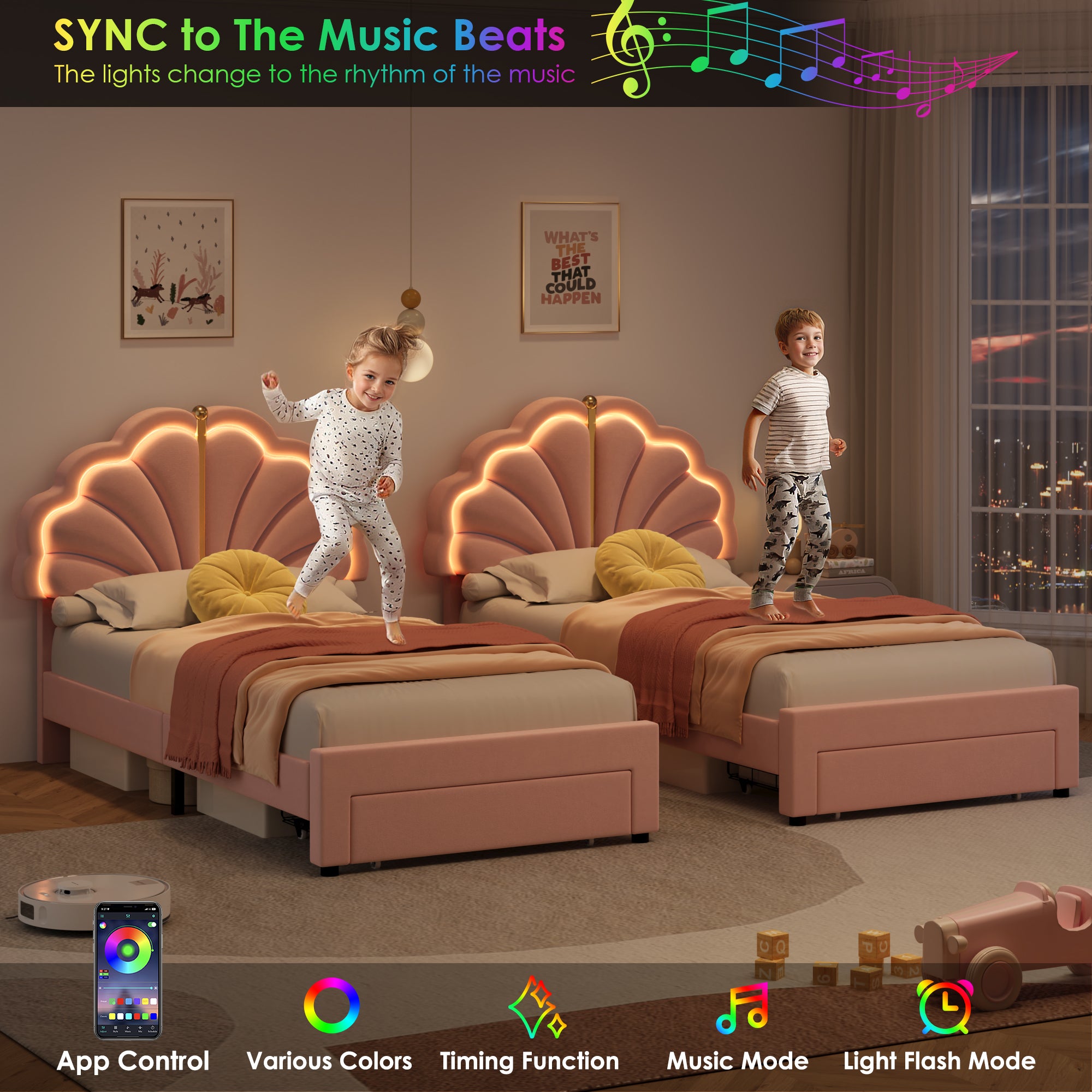 Hiphuta Kids LED Twin Bed with 2 Drawers, LED Lights Platform Bed Frame with Upholstered Tufted Headboard, No Box Spring Needed, Velvet Pink