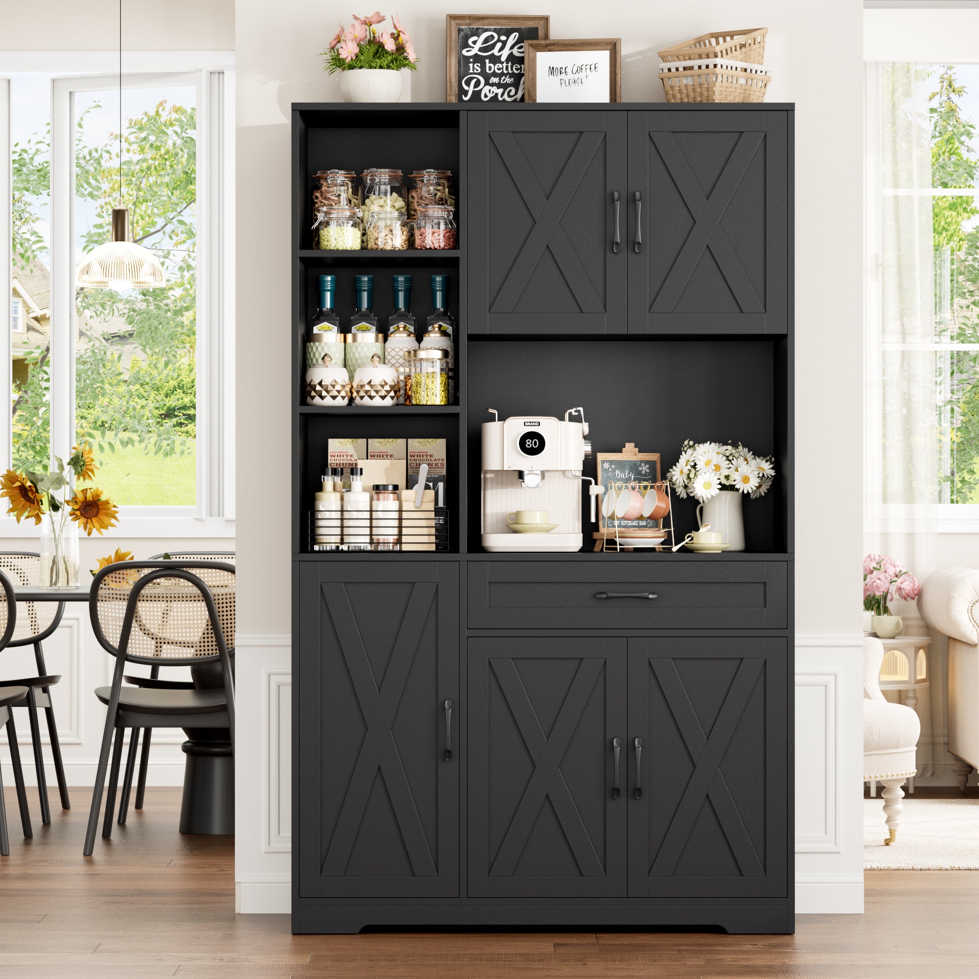 Hiphuta 71" Farmhouse Kitchen Pantry Storage Cabinet, Modern Coffee Hutch with Doors, Shelves & Microwave Stand, Cupboard for Dining Room, Black