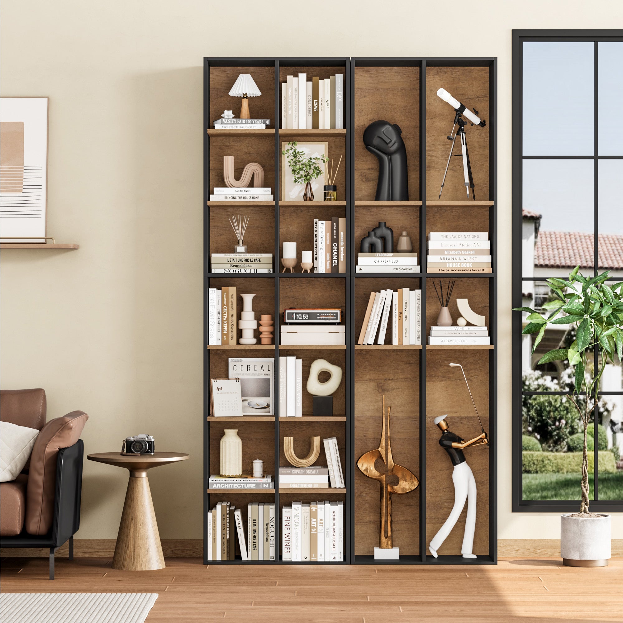 Hiphuta Tall Narrow Bookshelf 14 Tiers, Compact Corner Bookcase, Easy to Match for Living Room, Office, Study, Bedroom, Black & Oak