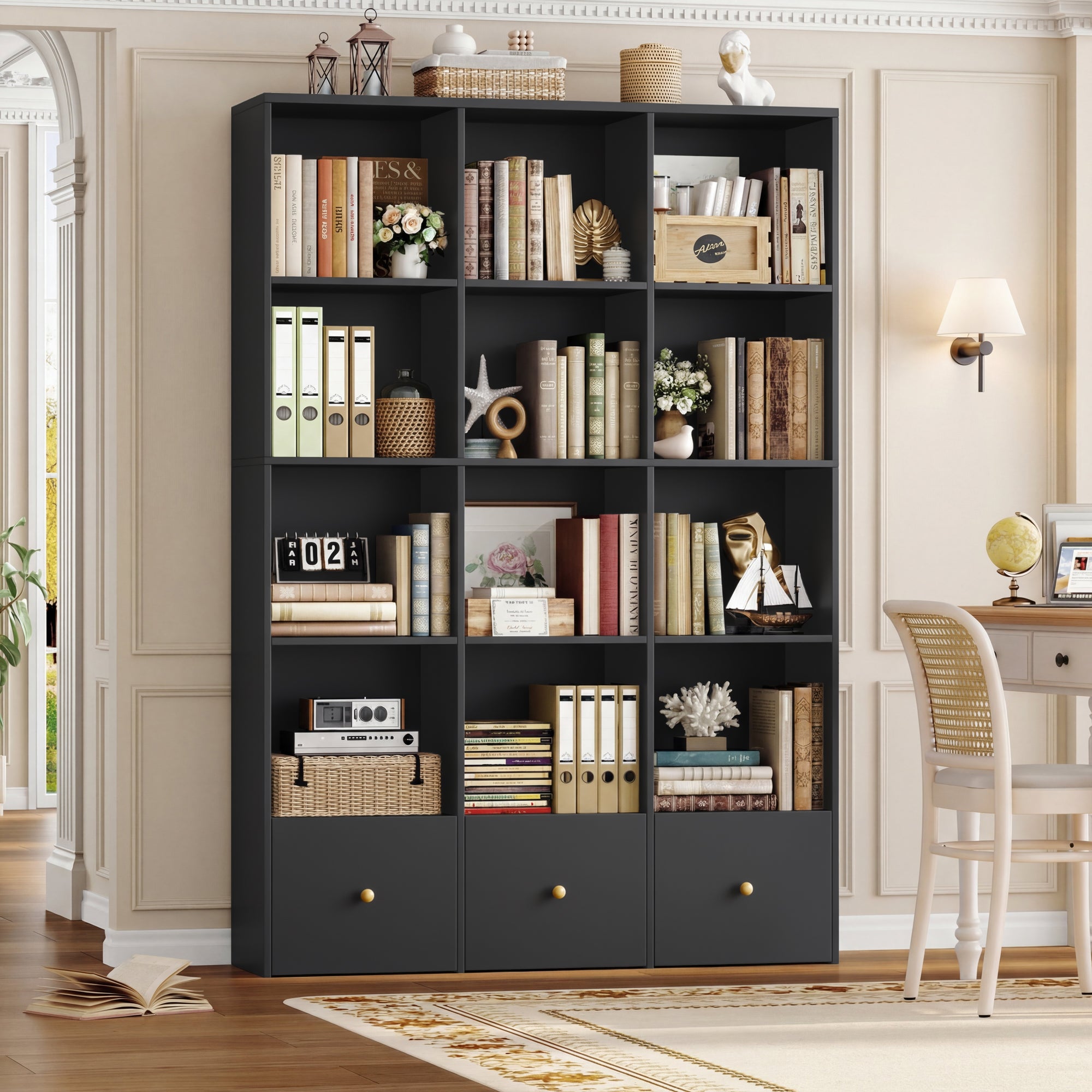 Hiphuta Triple Row 4-Tier Bookcase with 12 Cubes, 69" Tall Large Bookcase with 3 Drawers, for Office Living Room, Black