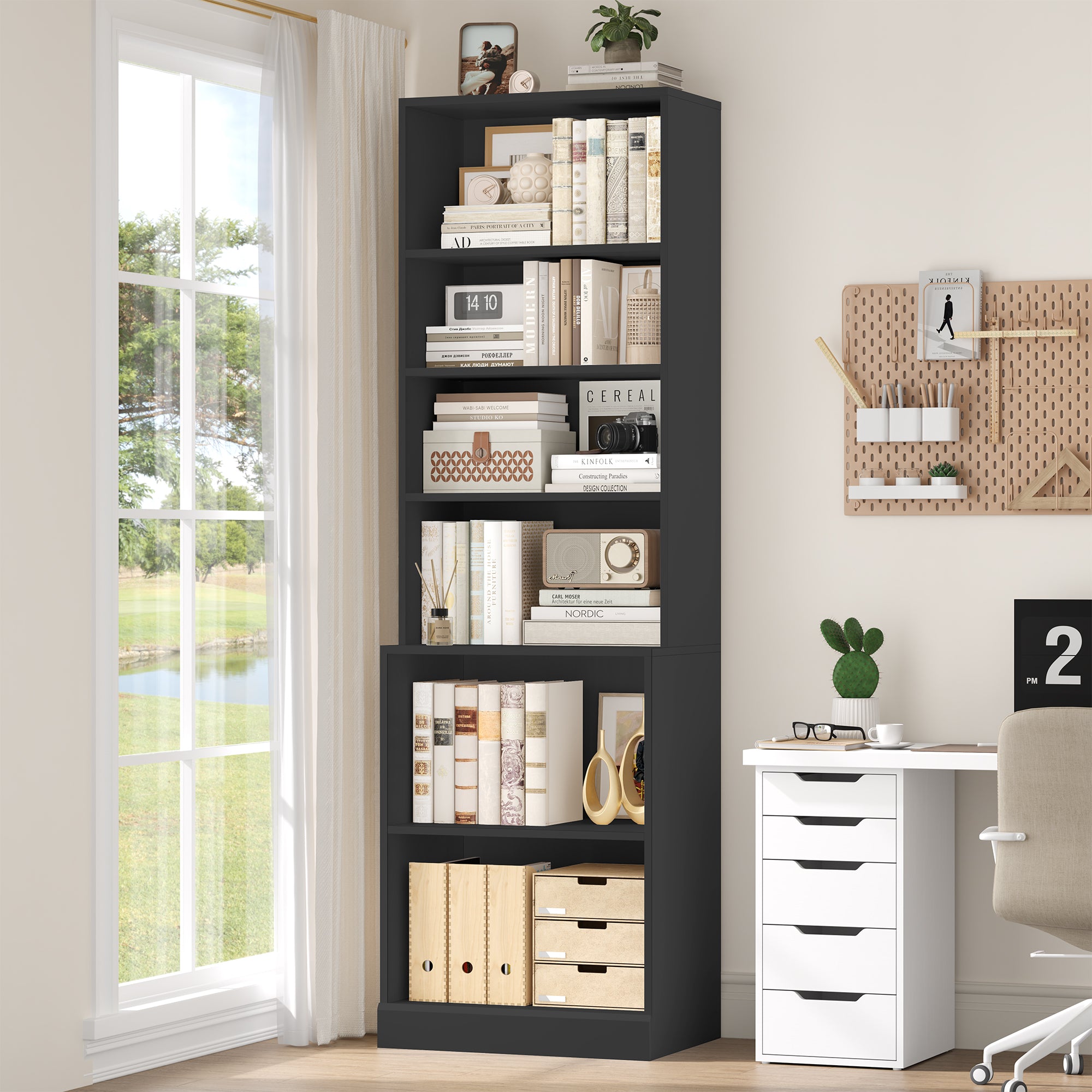 Hiphuta 73 in Tall 6-Tier Bookcase, 22" Wide Bookcase with Adjustable Shelf, Modern Minimalist Bookshelf for Home Office, Living Room, Black