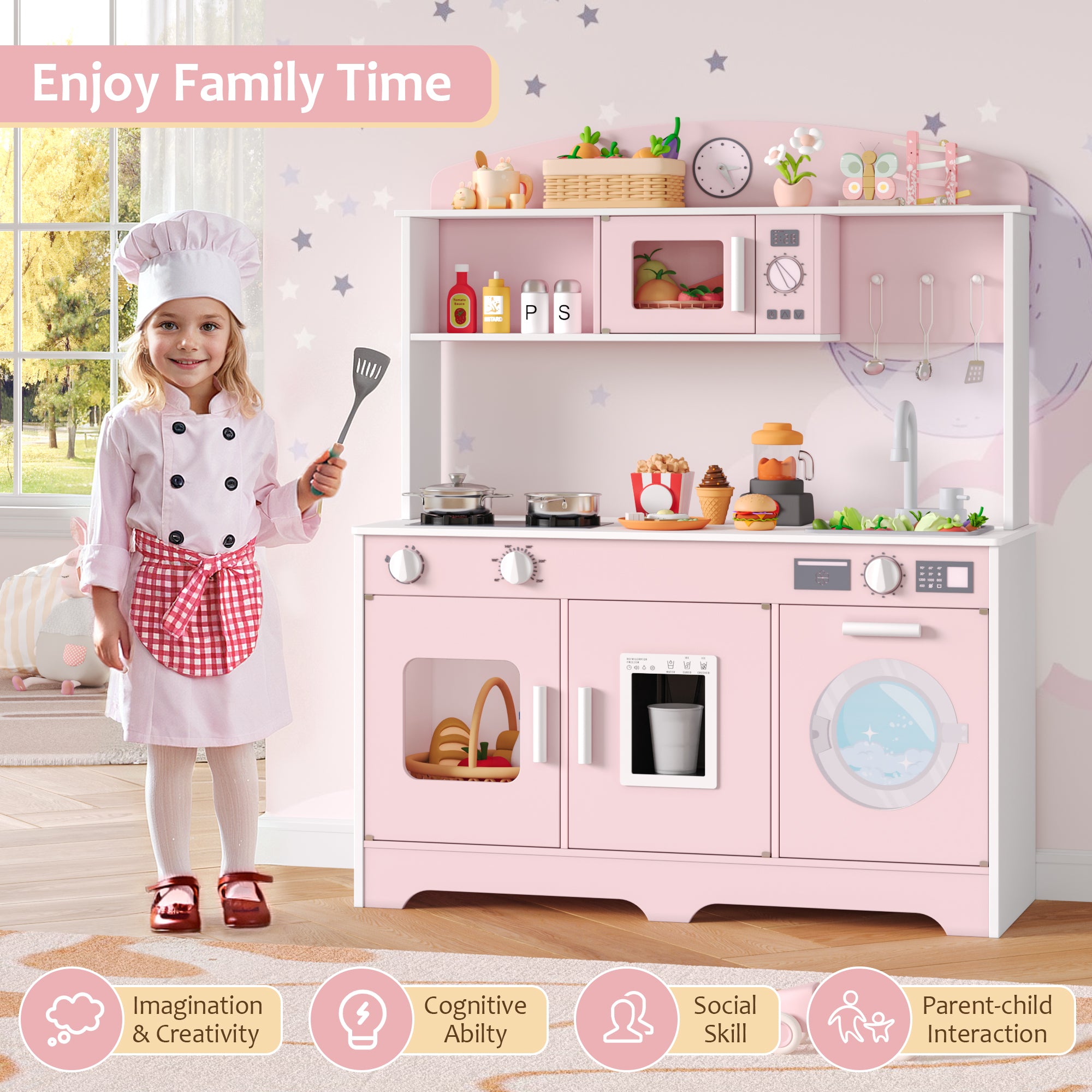 Hiphuta Play Kitchen for Kids, Wooden Kids Kitchen Playset with Plenty of Play Features, Chef Pretend Play Set for Boys and Girls Age Ages 3-10, Toys Kitchen with 11 Pcs Accessories, Pink