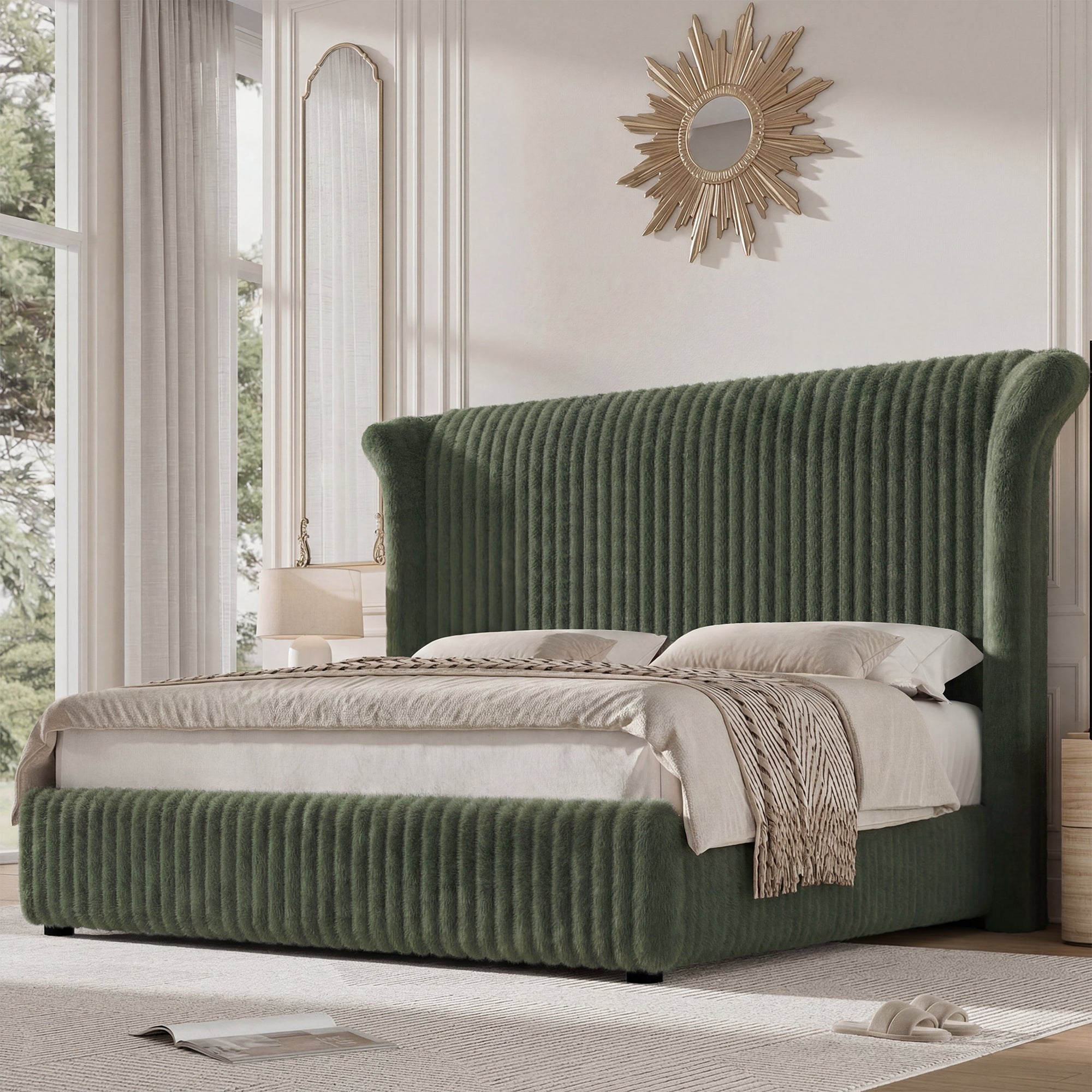 Hiphuta Modern Queen Size Corduroy Upholstered Bed Frame, LED Platform Bed Frame with 55"H Vertical Stripe Tufted Corduroy Velvet Wingback Headboard, Green